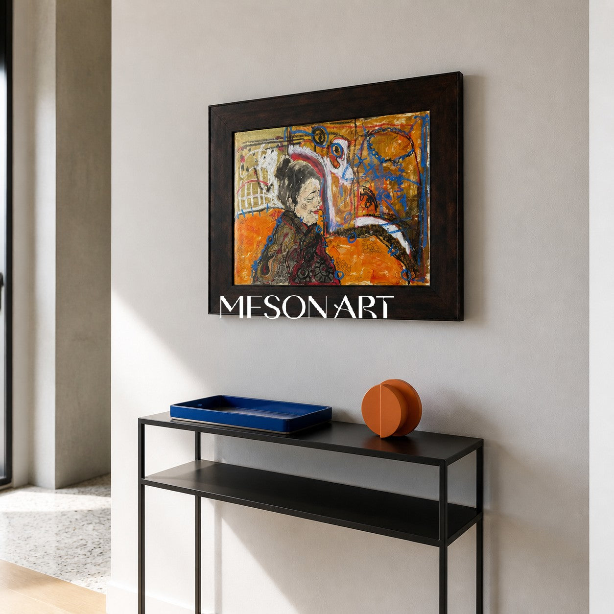 Orange And Black Figurative Painting Contemporary Original Artwork Rectangular Wall Art Gallery Collectible Fine By Mesonart