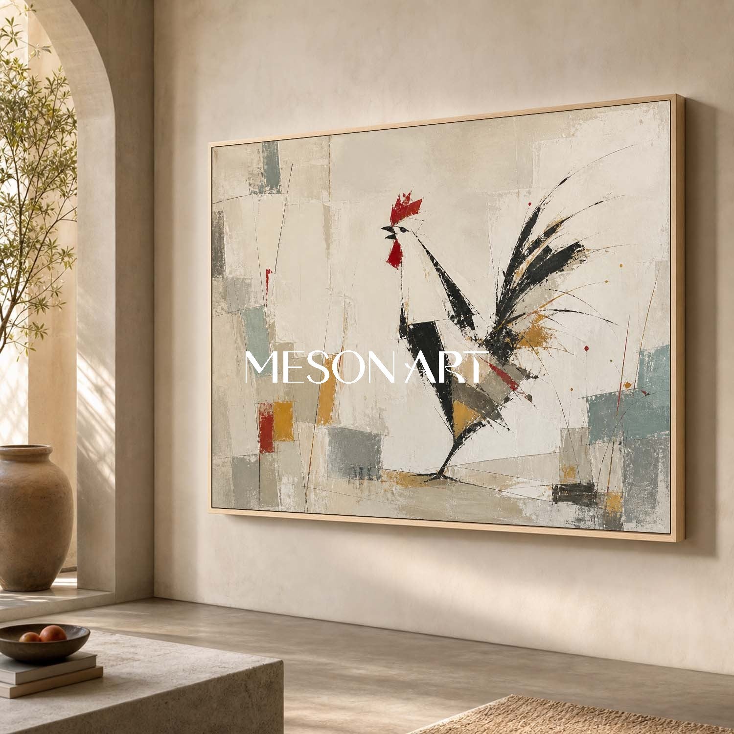 Abstract Rooster Painting Minimalist Art For Modern Living Room Decor With Textured Canvas