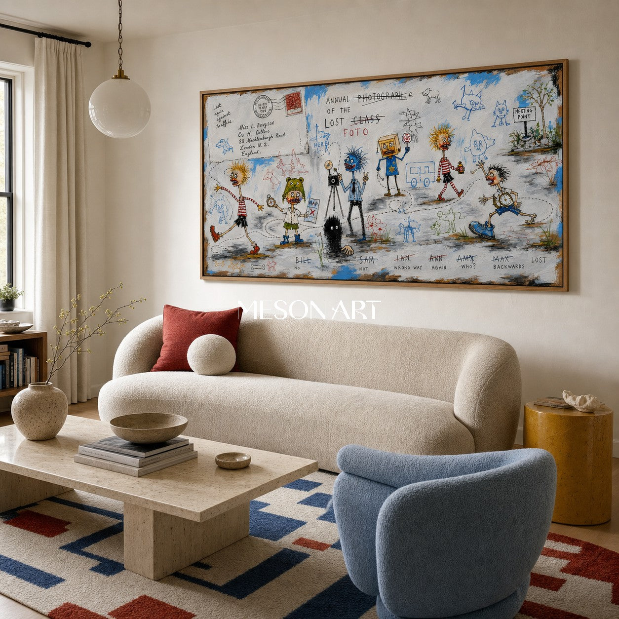 Blue And White Graffiti Narrative Figurative Cartoon Panoramic Wall Art For Living Room By Mesonart