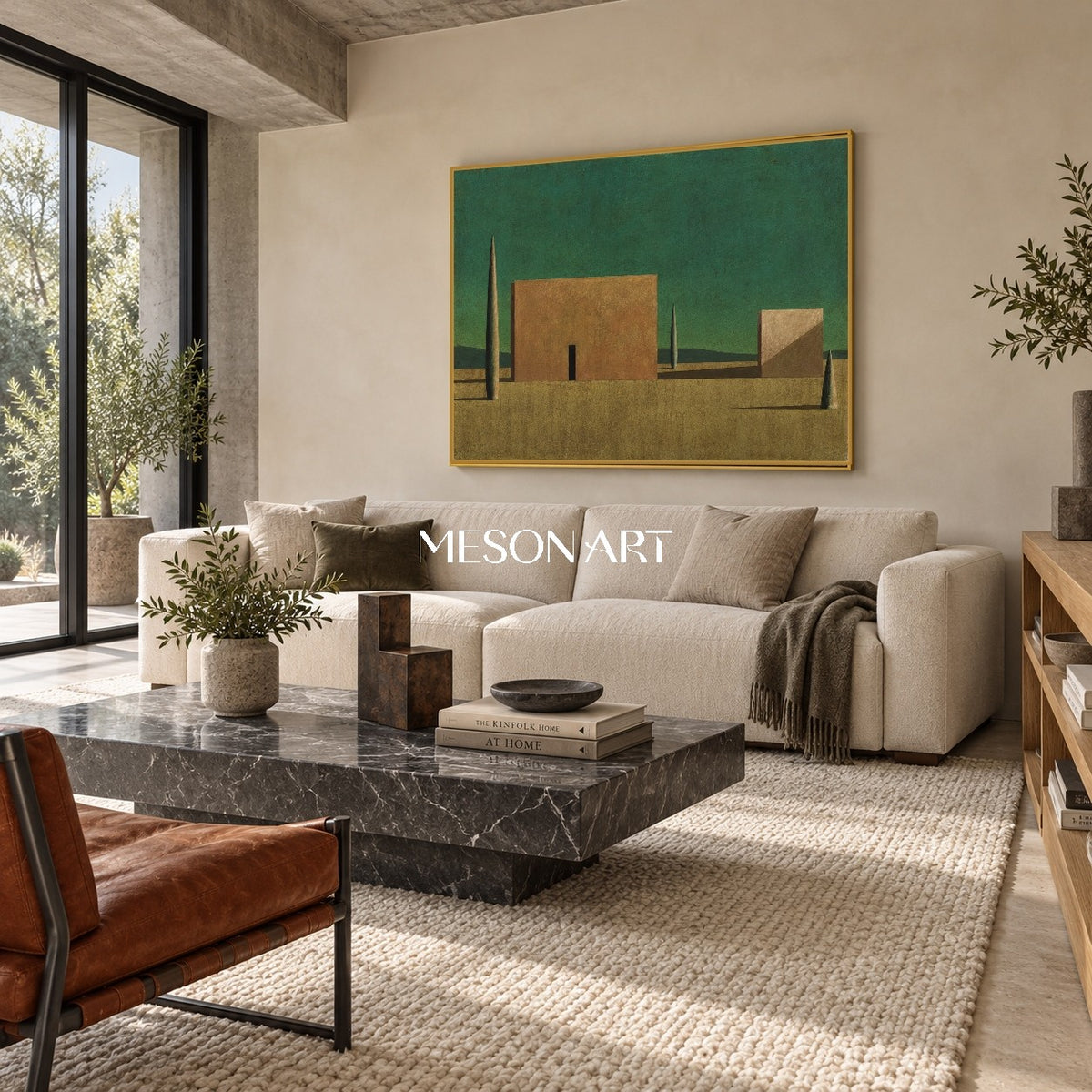Green And Brown Surrealist Metaphysical Art Rectangular Architectural Painting For Living Room By Mesonart