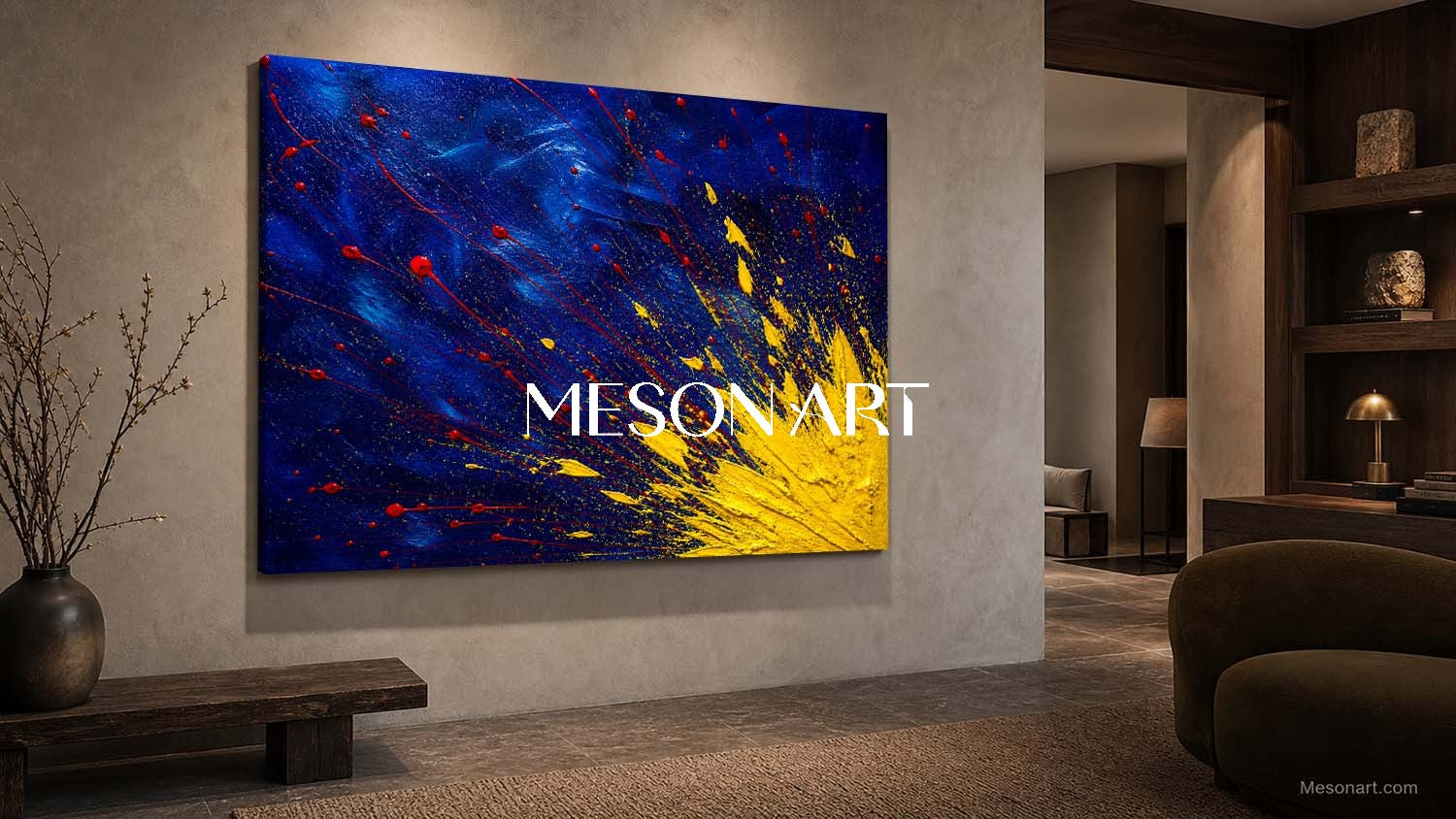Abstract Expressionist Art With Blue And Yellow Textures For Modern Living Room Decor