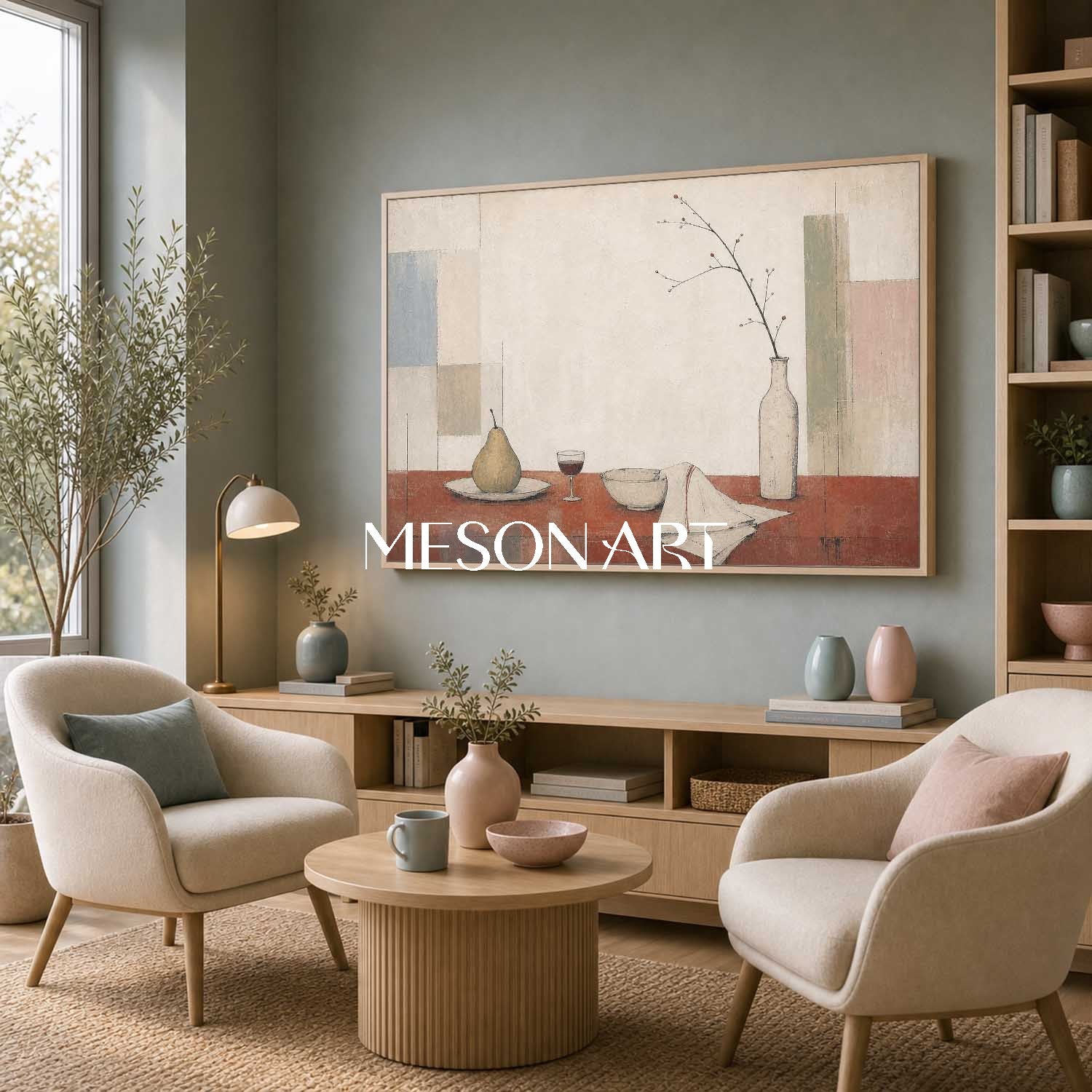 Art Deco Still Life Painting Beige And Brown Tones For Modern Dining Room Wall Decor