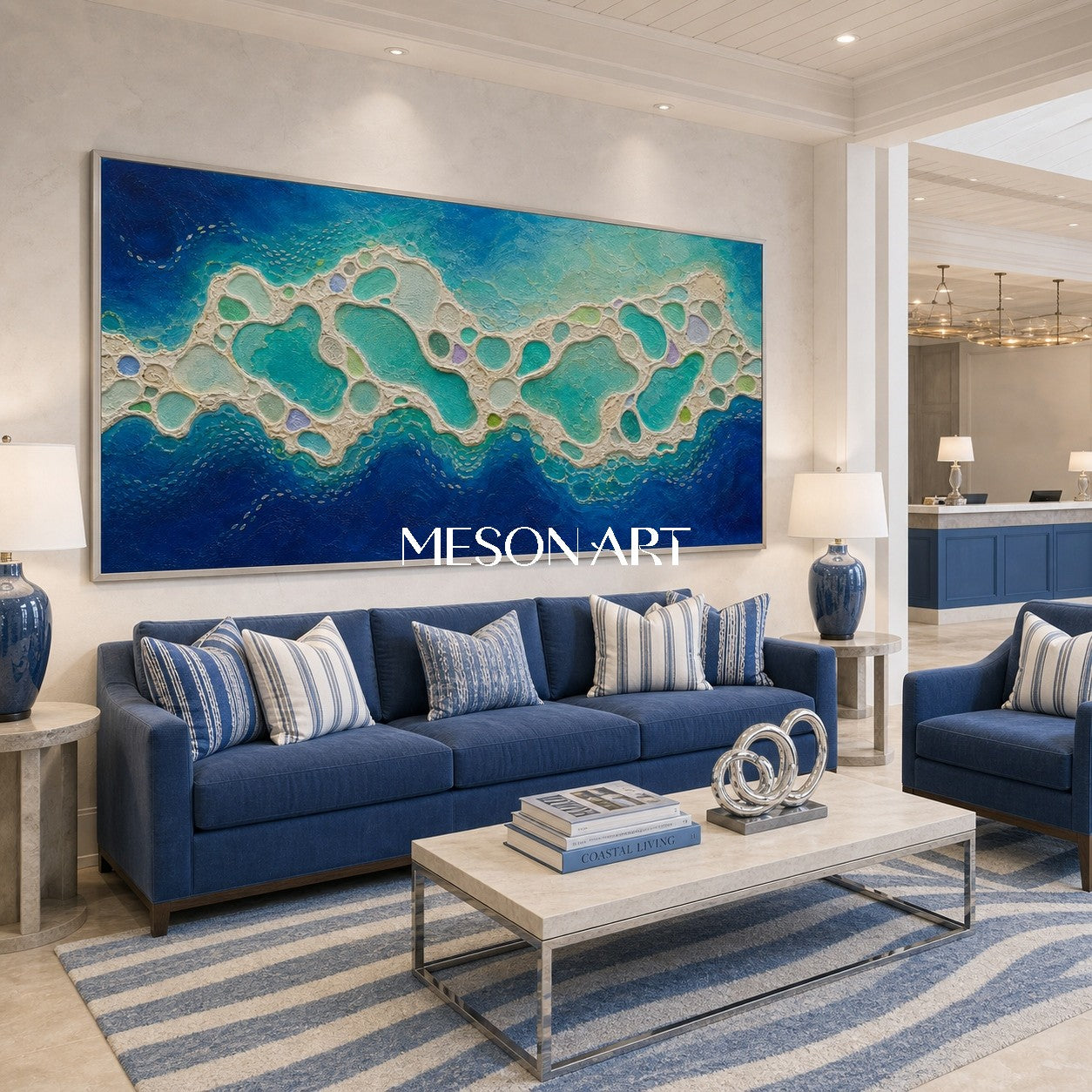 Large Blue Abstract Ocean Painting Textured Wall Art For Modern Living Room Decor