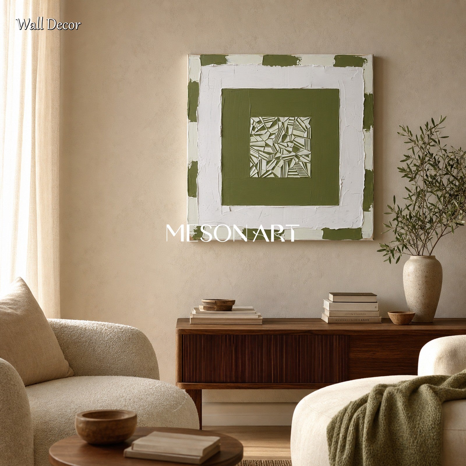 Original Green And White Abstract Art With Textured Relief For Modern Home Decor