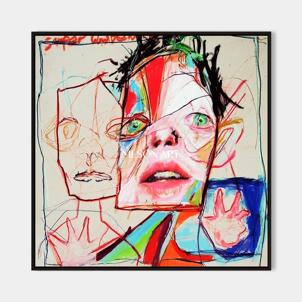 Red And Blue Graffiti Expressionist Portrait Square Wall Art Original Artist By Mesonart