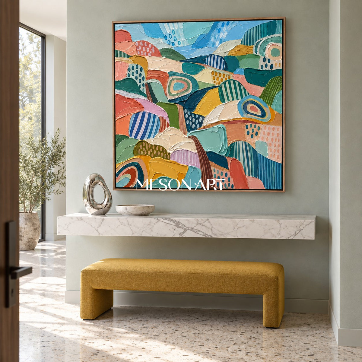 Blue And Green Abstract Landscape Painting Original Artist Hand Painted Square Wall Art For Living Room By Mesonart