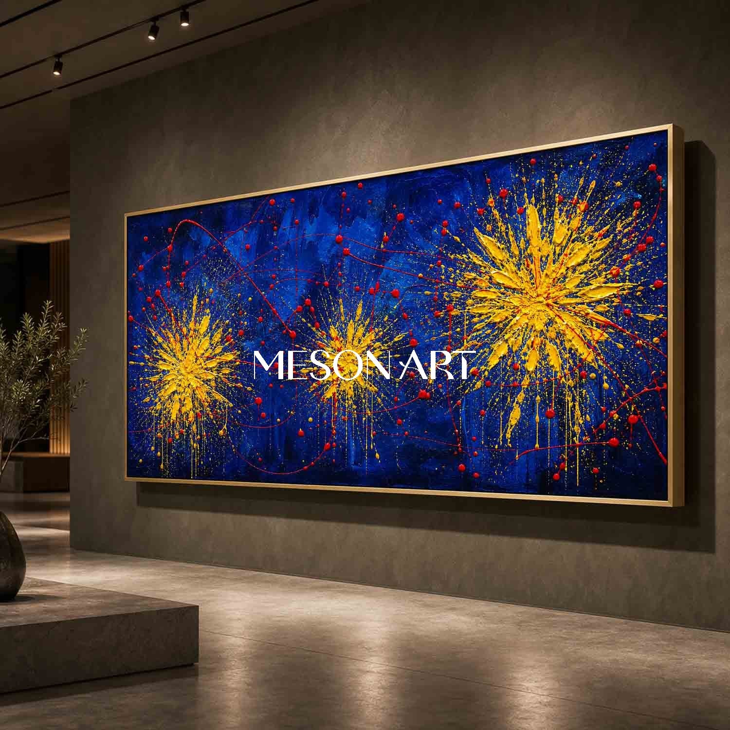 Abstract Blue And Gold Painting Modern Art For Living Room Executive Office