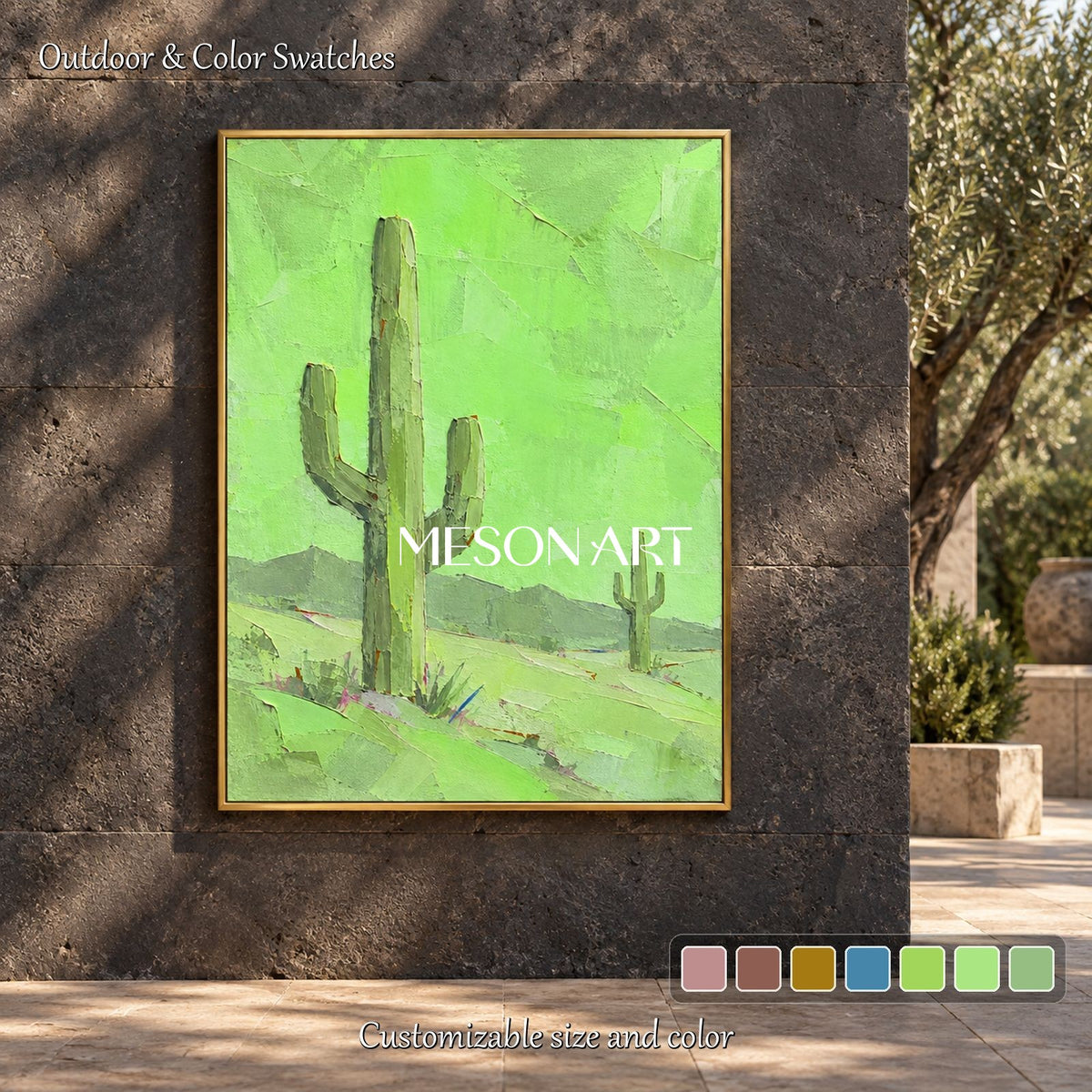 Green Minimalist Abstract Landscape Rectangular Wall Art Original Artist Hand Painted By Mesonart