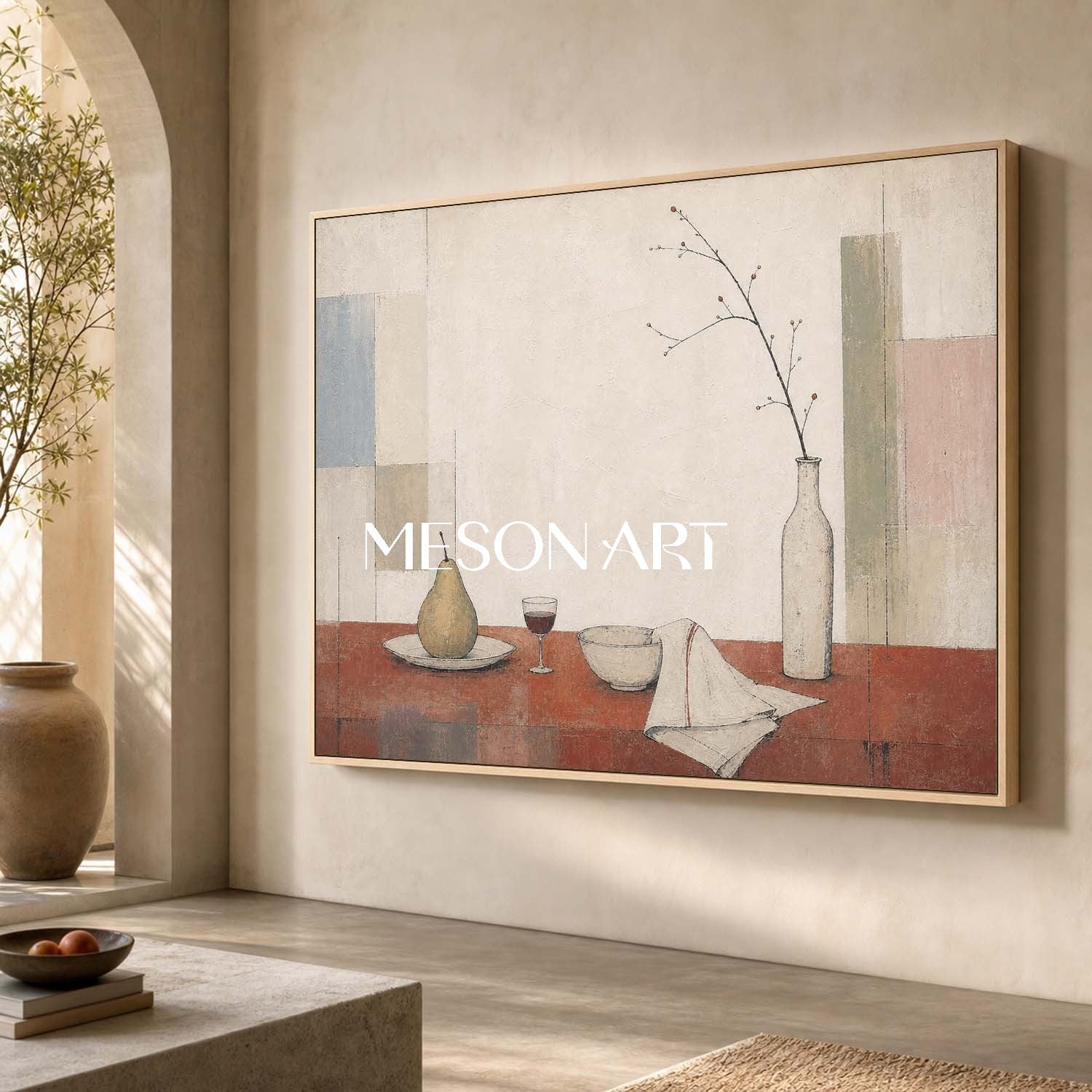 Art Deco Still Life Painting Beige And Brown Tones For Modern Dining Room Wall Decor