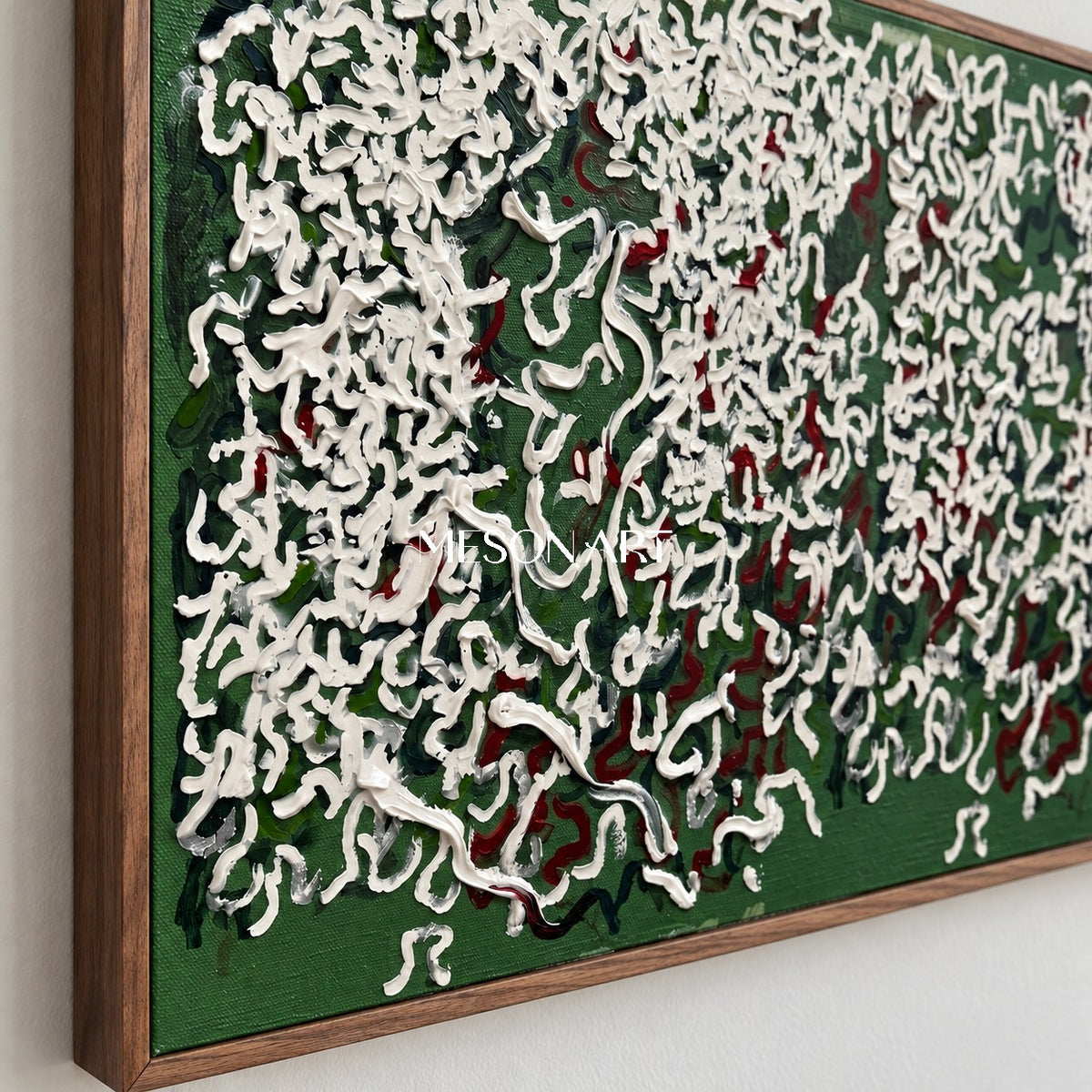 Green And White Abstract Art Impasto Palette Knife Forest Minimalist Contemporary Panoramic Wall Decor By Mesonart