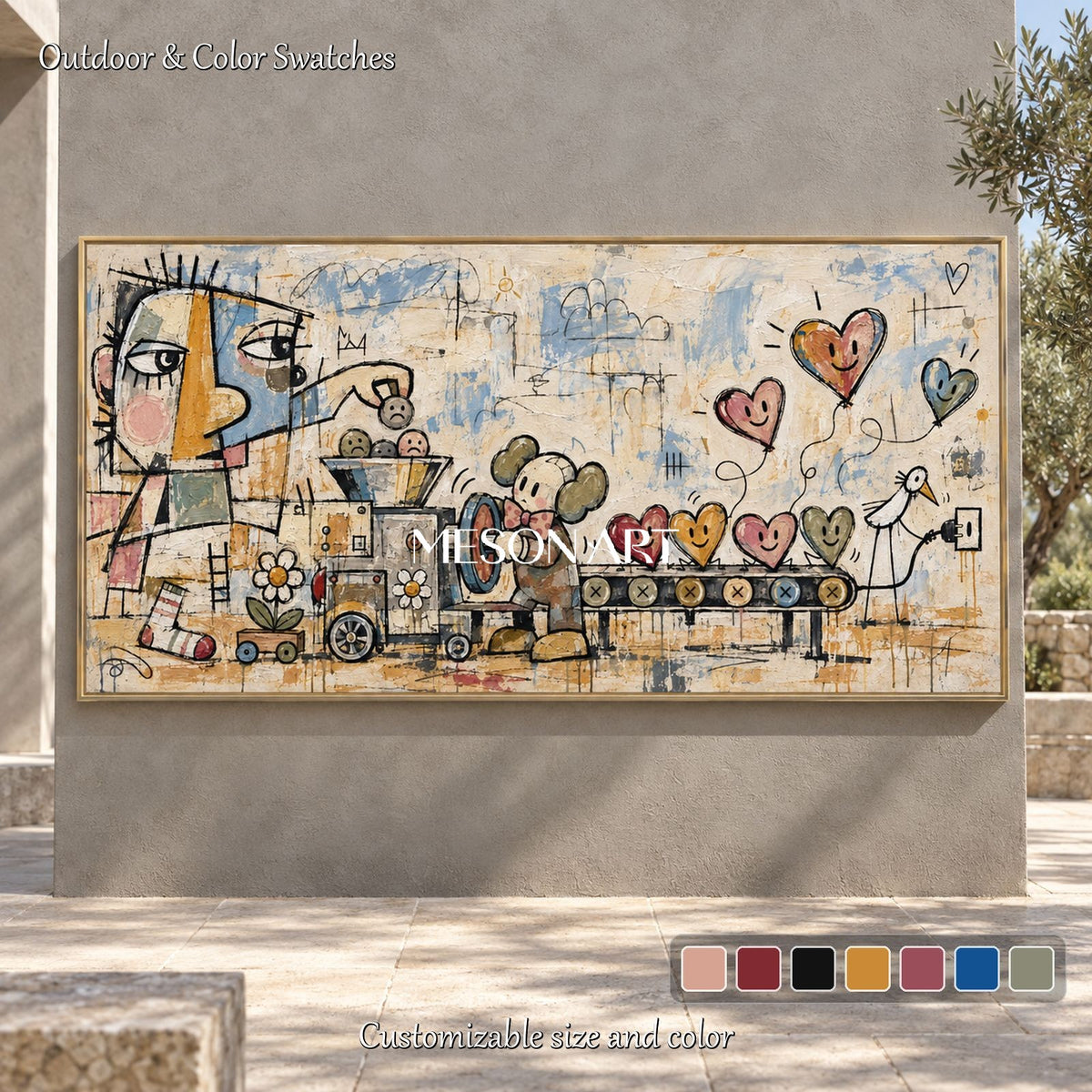 Beige And Blue Graffiti Abstract Painting Original Artist Hand Painted Panoramic Wall Art For Living Room By Mesonart