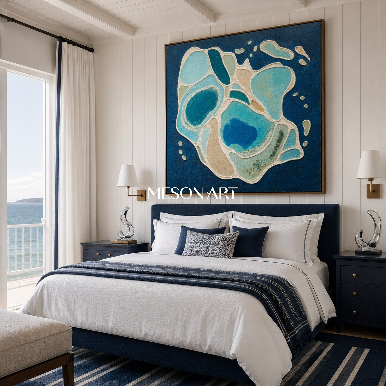 Azure Lagoon Abstract Art With Textured Plaster Relief For Coastal Home Decor