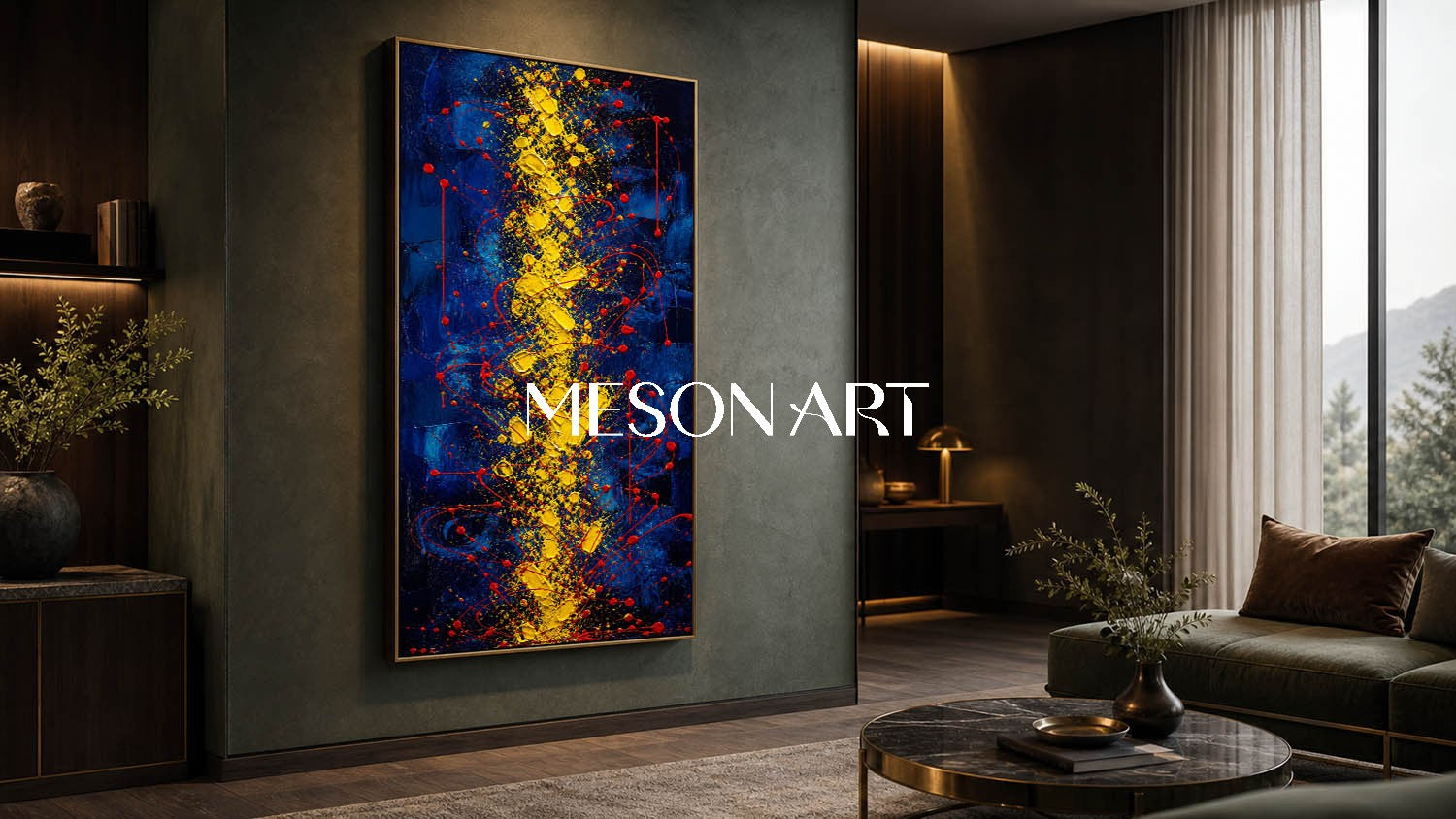 Blue And Gold Abstract Painting With Red Splatter Texture For Modern Living Room Decor