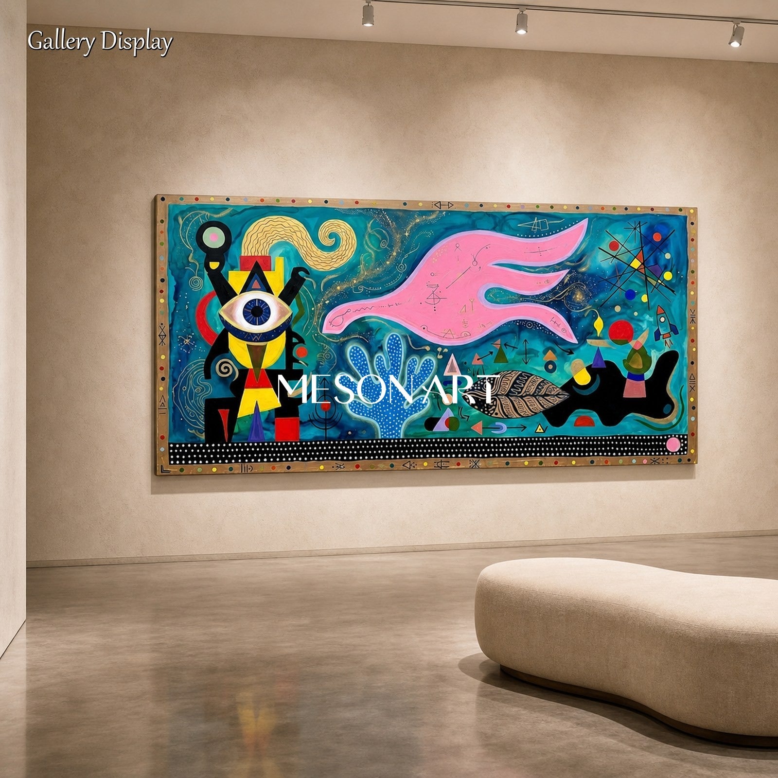 Vibrant Surrealist Abstract Painting With Cosmic Blue And Pink For Modern Living Room Decor