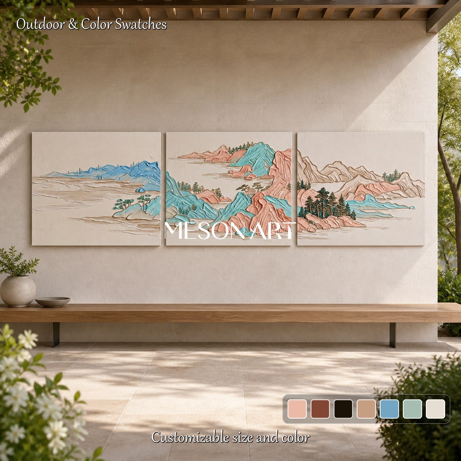 Beige And Blue Modern Impasto Mountain Painting Rectangular Wall Art For Living Room By Mesonart