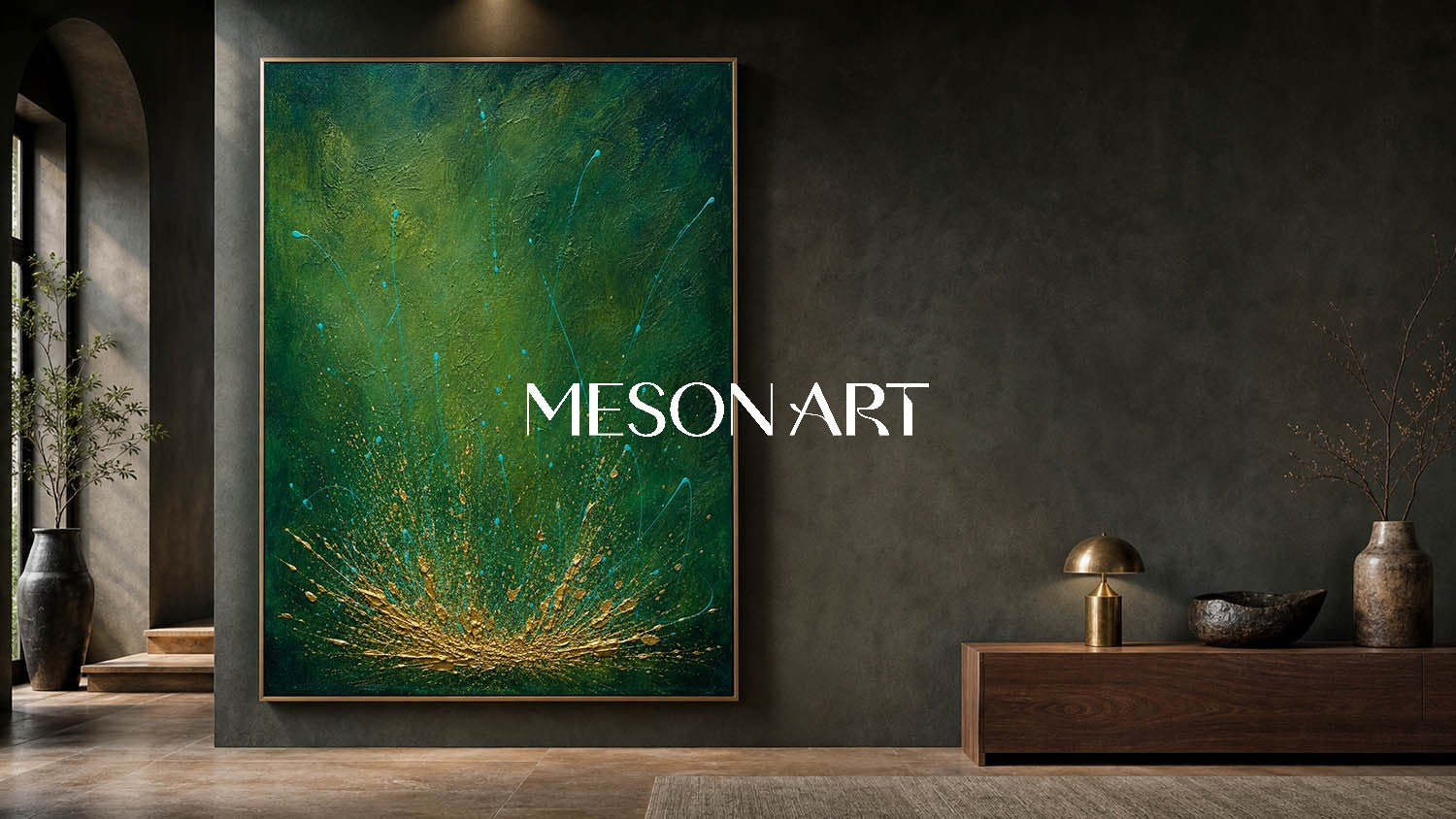 Emerald Green And Gold Abstract Painting Original Pollock Style Art For Living Room