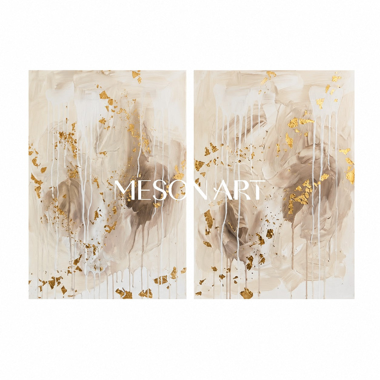 Gilded Abstract Diptych With Gold Leaf For Modern Living Room And Entryway Decor