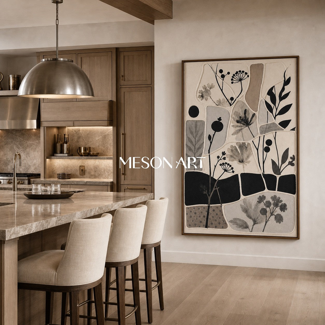 Monochrome Botanical Collage Art With Textured Relief For Wabi-Sabi Home Decor