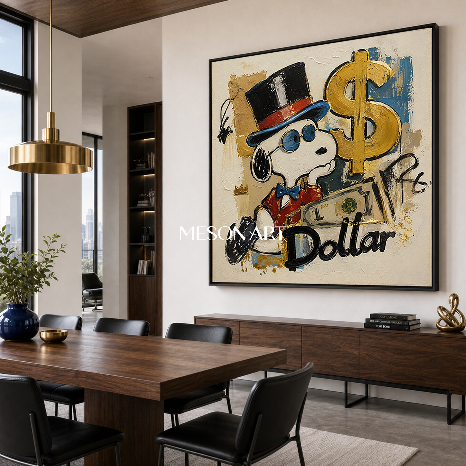 Snoopy Pop Art Painting With Gold Dollar Sign Graffiti Style Canvas Art For Living Room Decor