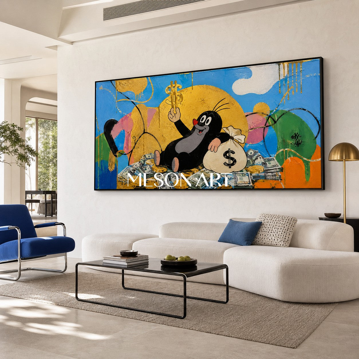Golden Fortune Fable Pop Art Painting With Cartoon Character For Modern Living Room Decor