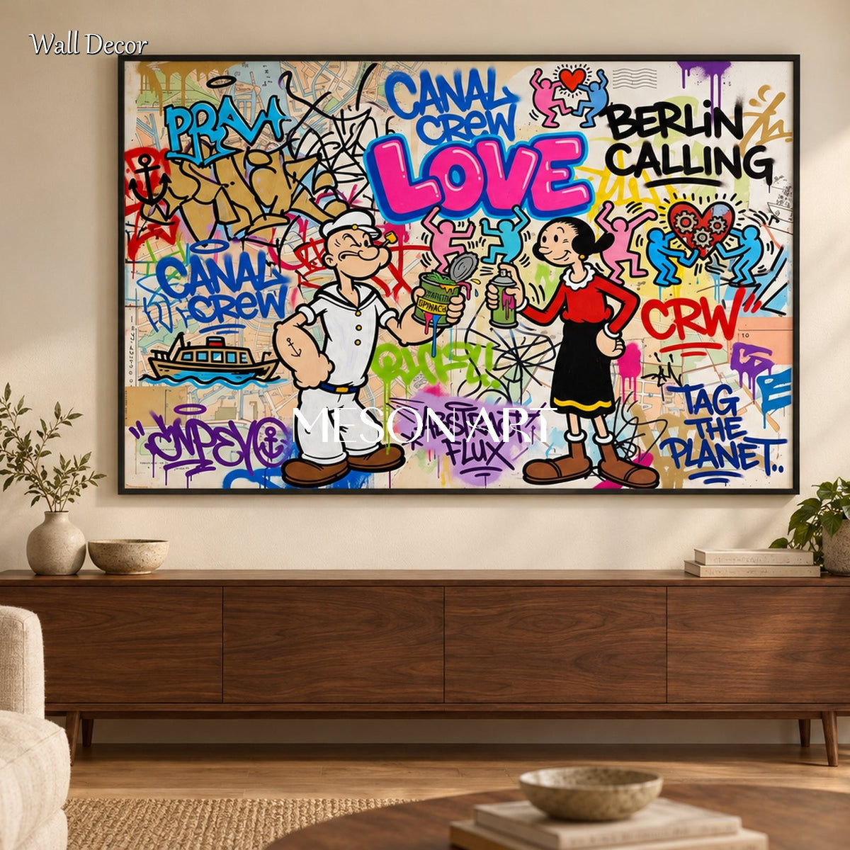 Blue And Red Graffiti Wall Art Rectangular Popeye Original Artist Hand Painted By Mesonart