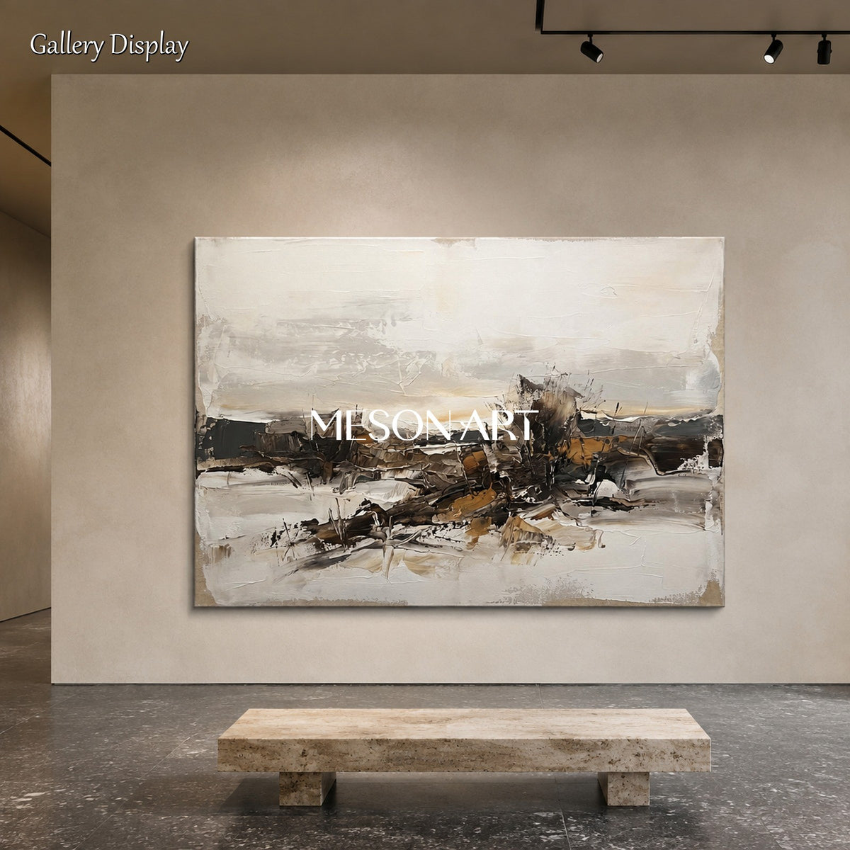Beige And Black Abstract Landscape Painting Rectangular Wall Art Neutral Framed By Mesonart