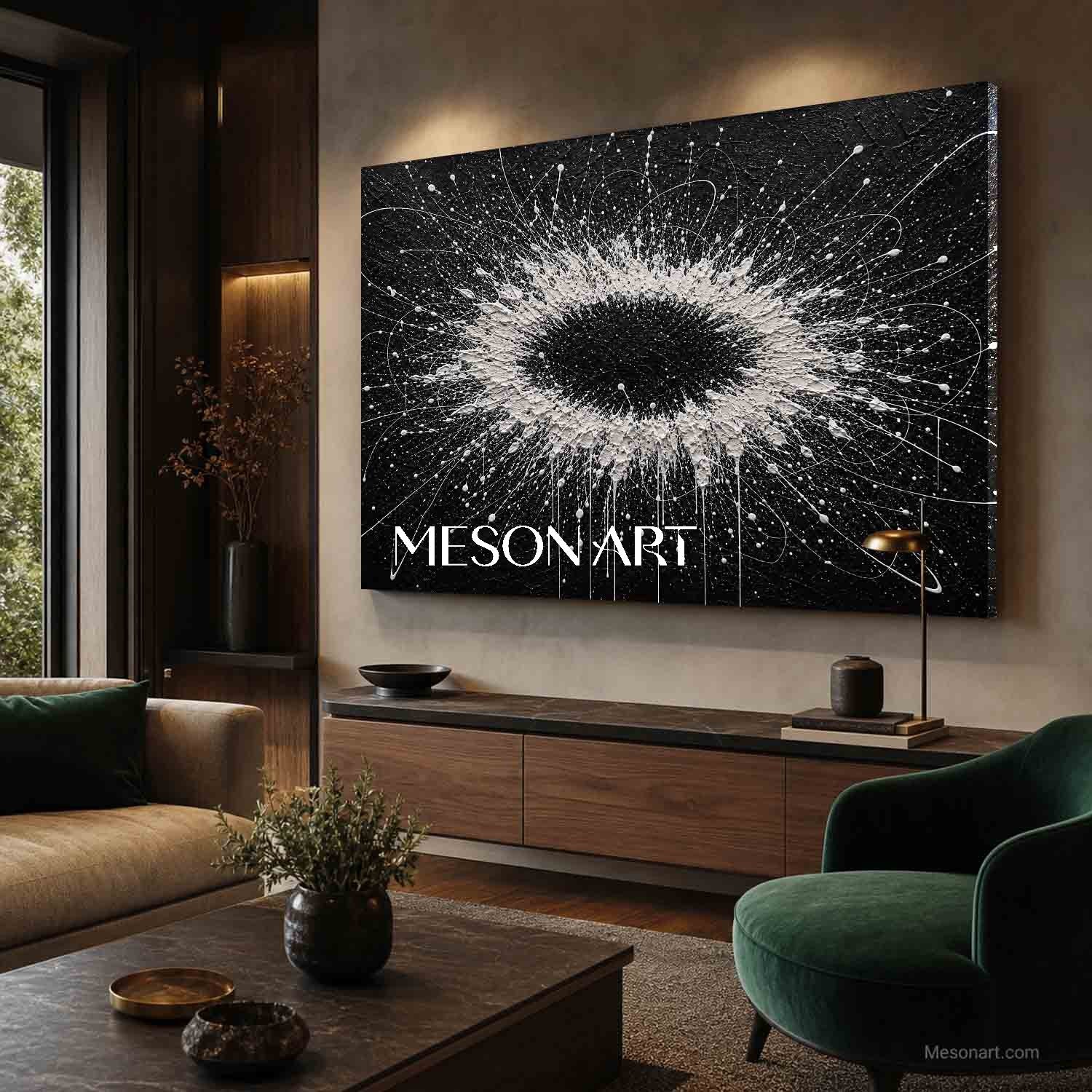 Black And White Abstract Textured Wall Art With Pollock Style For Modern Living Room Decor