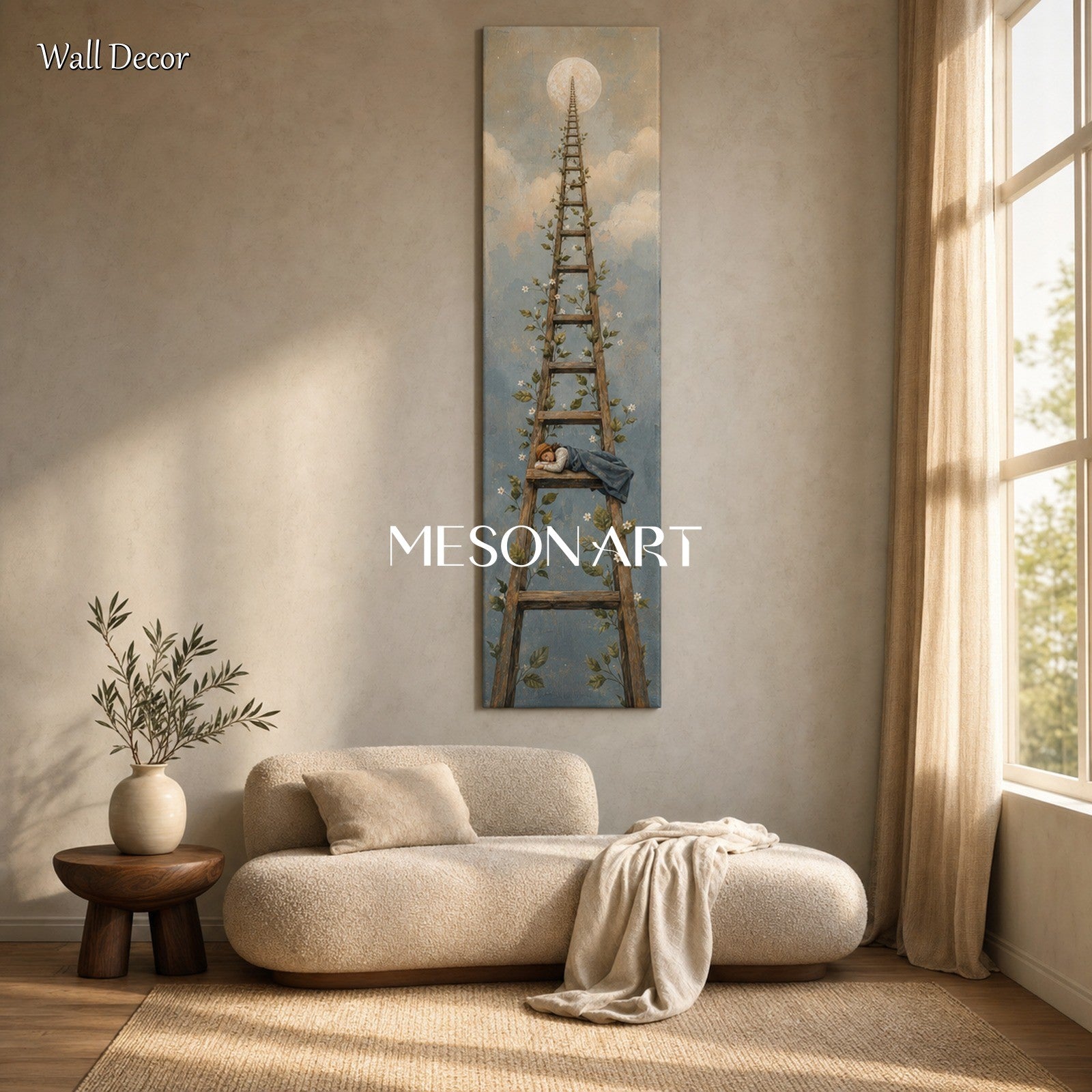 Surreal Moon Ladder Painting With Vines For Bedroom Entryway Abstract Art Decor