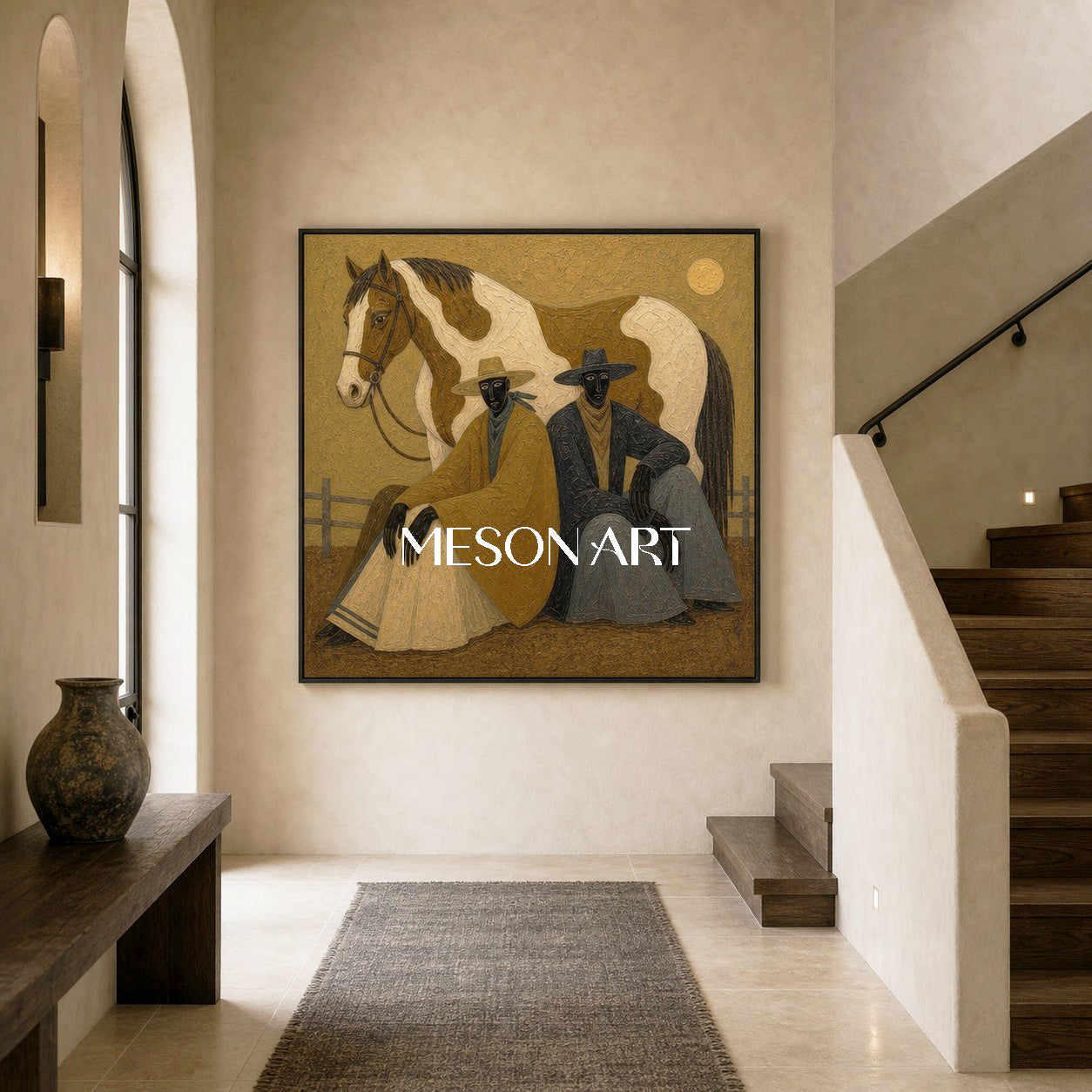 Earthy Textured Cowboy And Horse Painting For Modern Farmhouse Living Room Decor