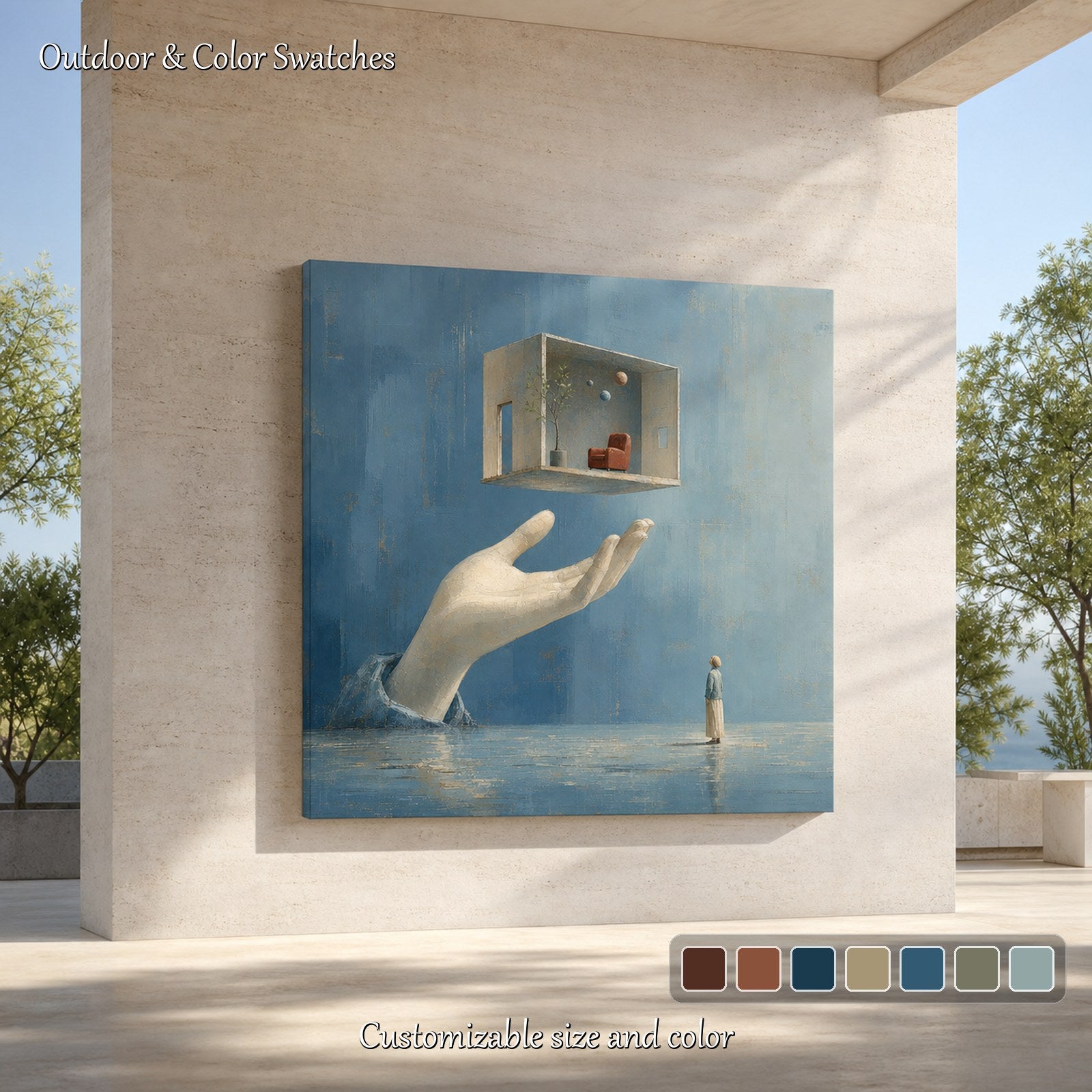 Surrealist Abstract Painting With Giant Hand And Floating Room In Blue Beige Tones