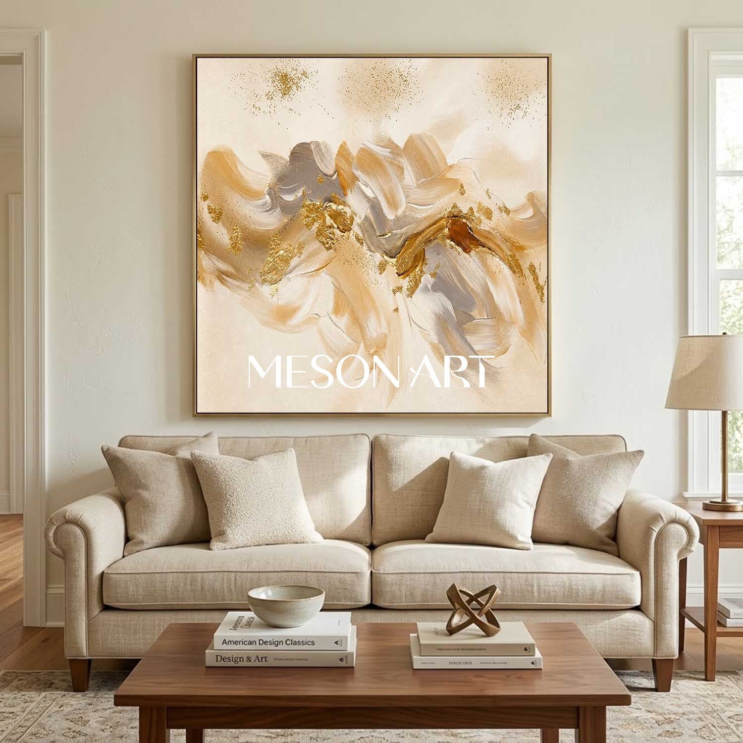 Luxury Abstract Gold Leaf Painting Beige Neutral Modern Art For Living Room