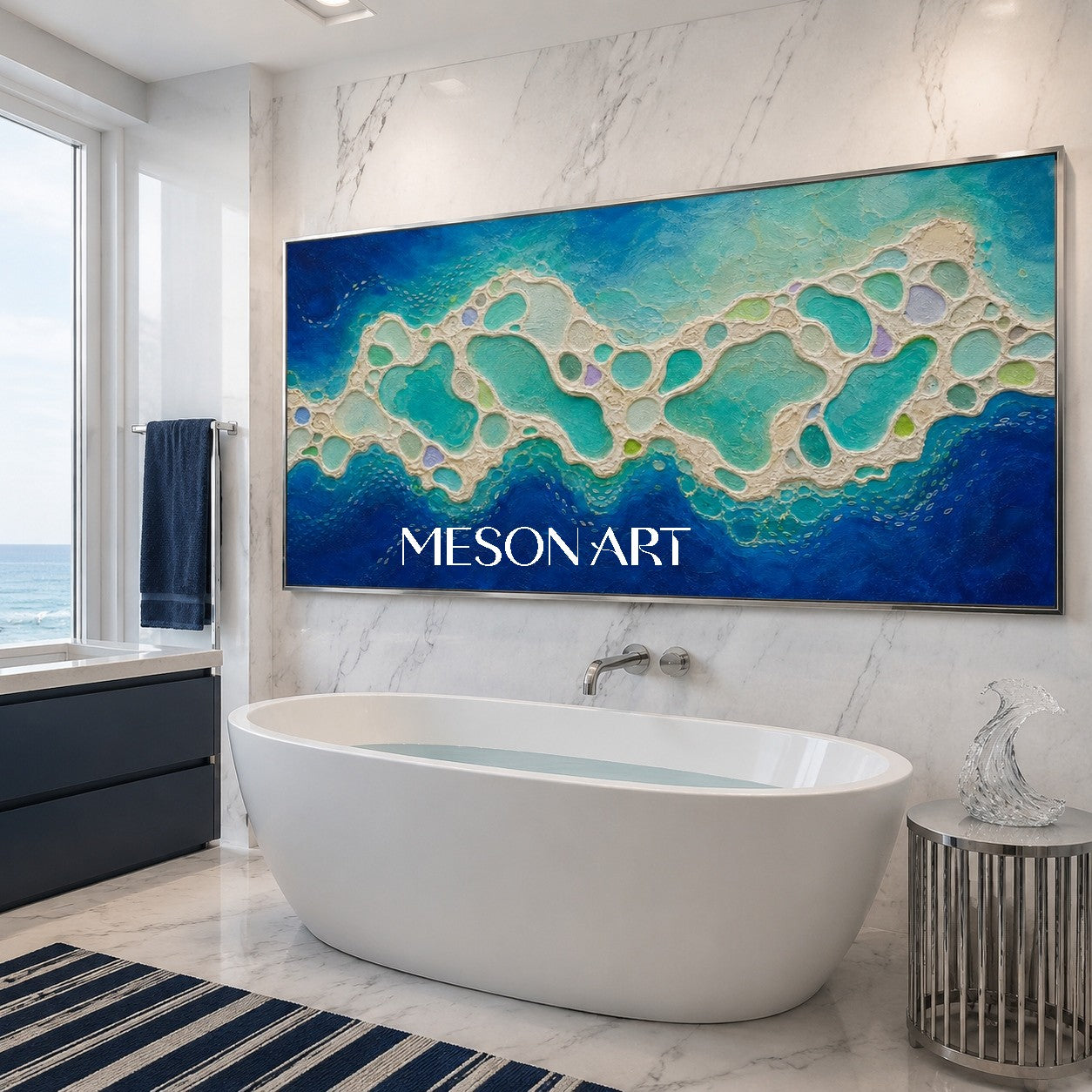 Large Blue Abstract Ocean Painting Textured Wall Art For Modern Living Room Decor