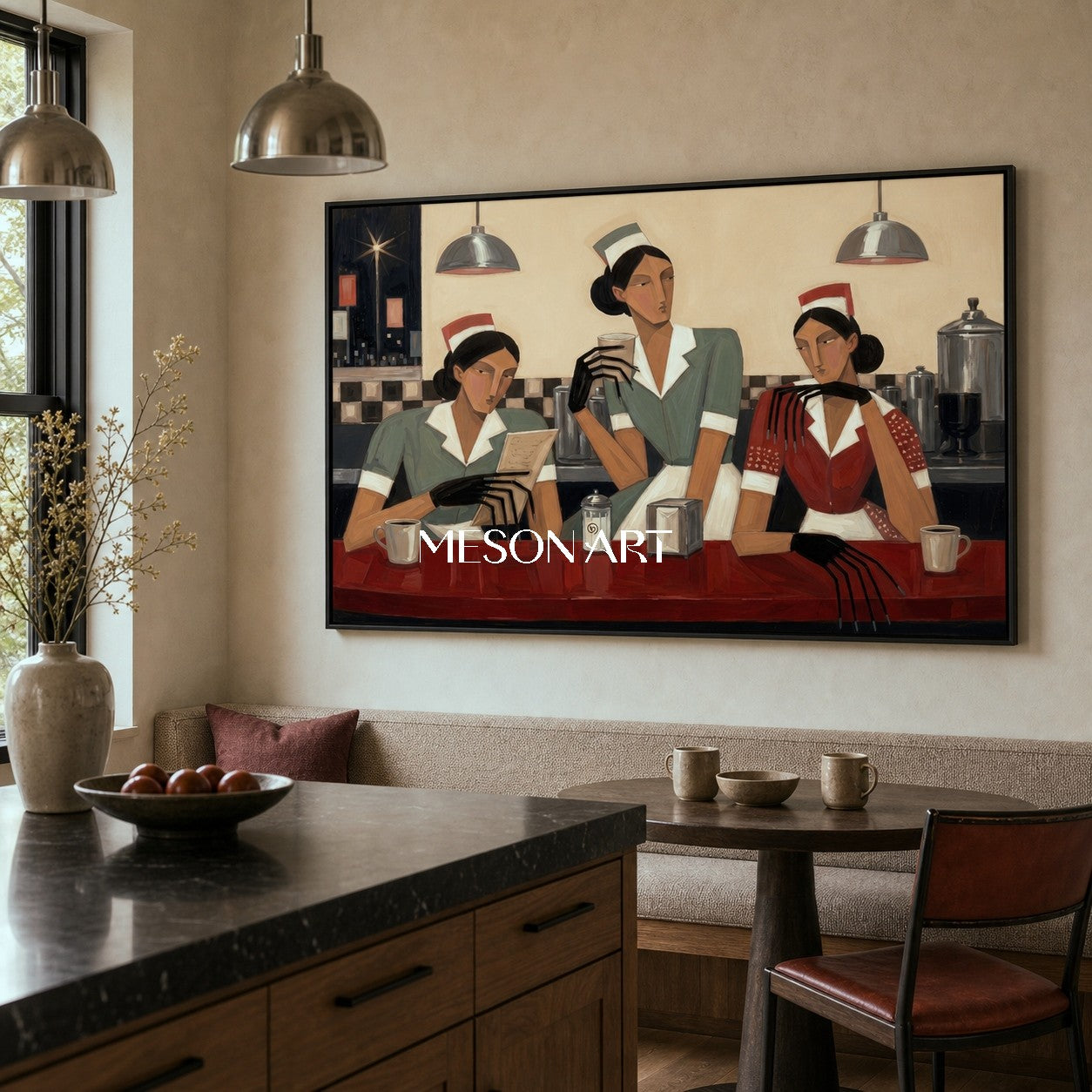 Art Deco Figurative Painting With Geometric People For Modern Living Room And Dining Room Decor