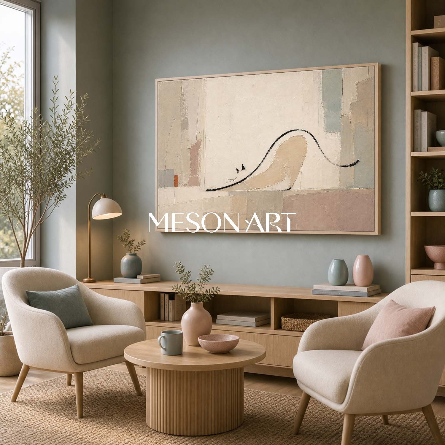 Minimalist Cat Abstract Painting In Beige And Grey For Modern Living Room Decor