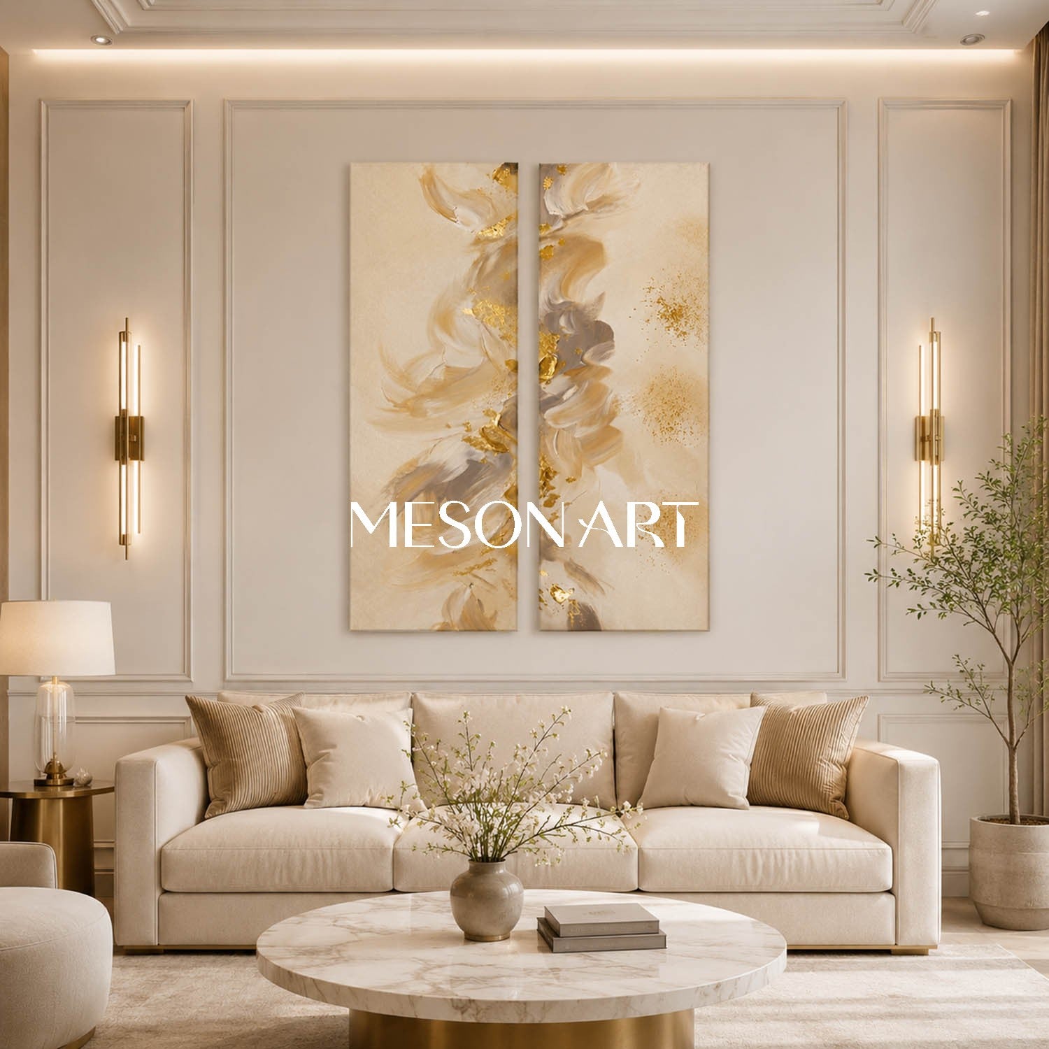 Luxury Gold Leaf Abstract Diptych Beige Textured Oil Painting For Living Room