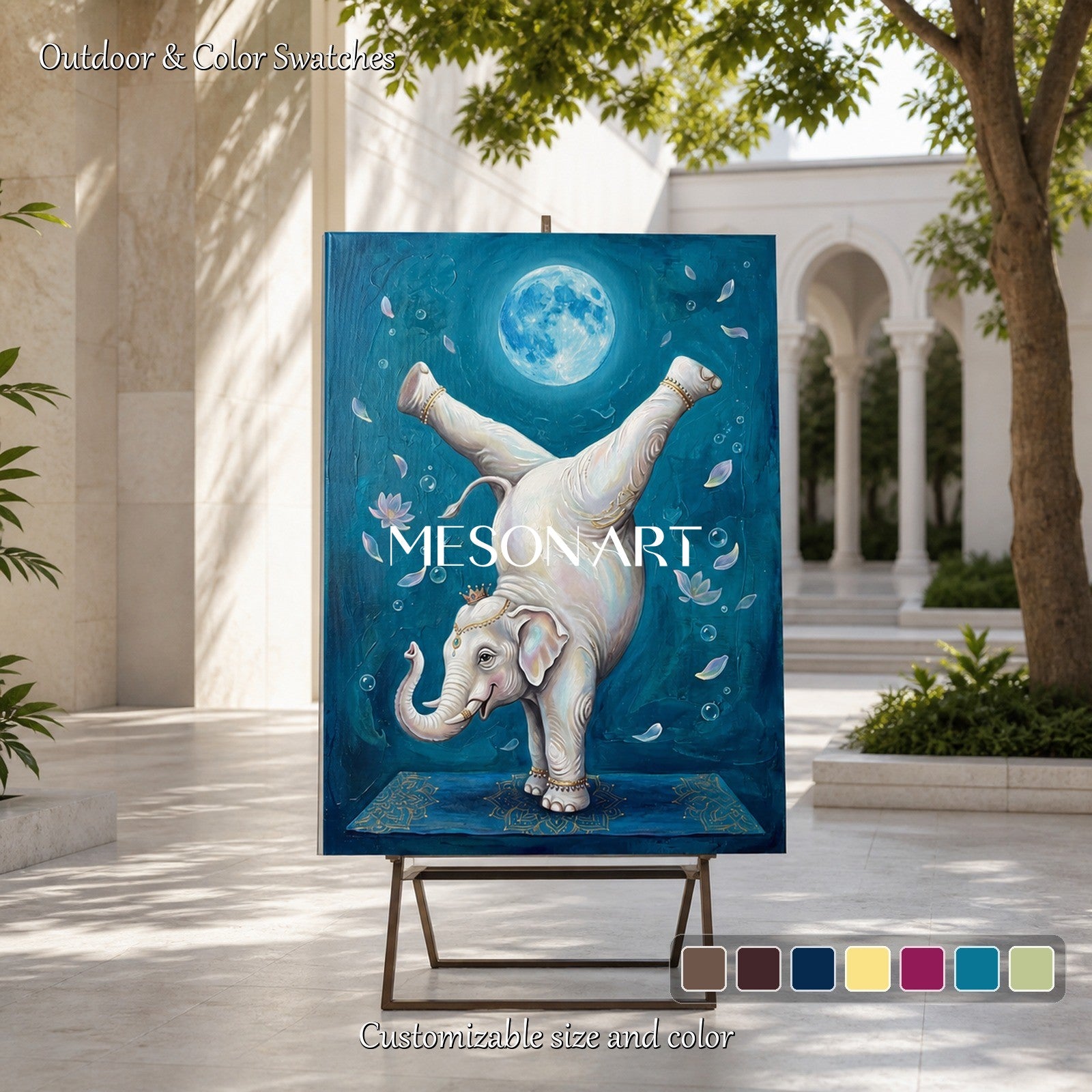 Blue And White Abstract Art Yoga Elephant Surreal Rectangular Wall Decor By Mesonart