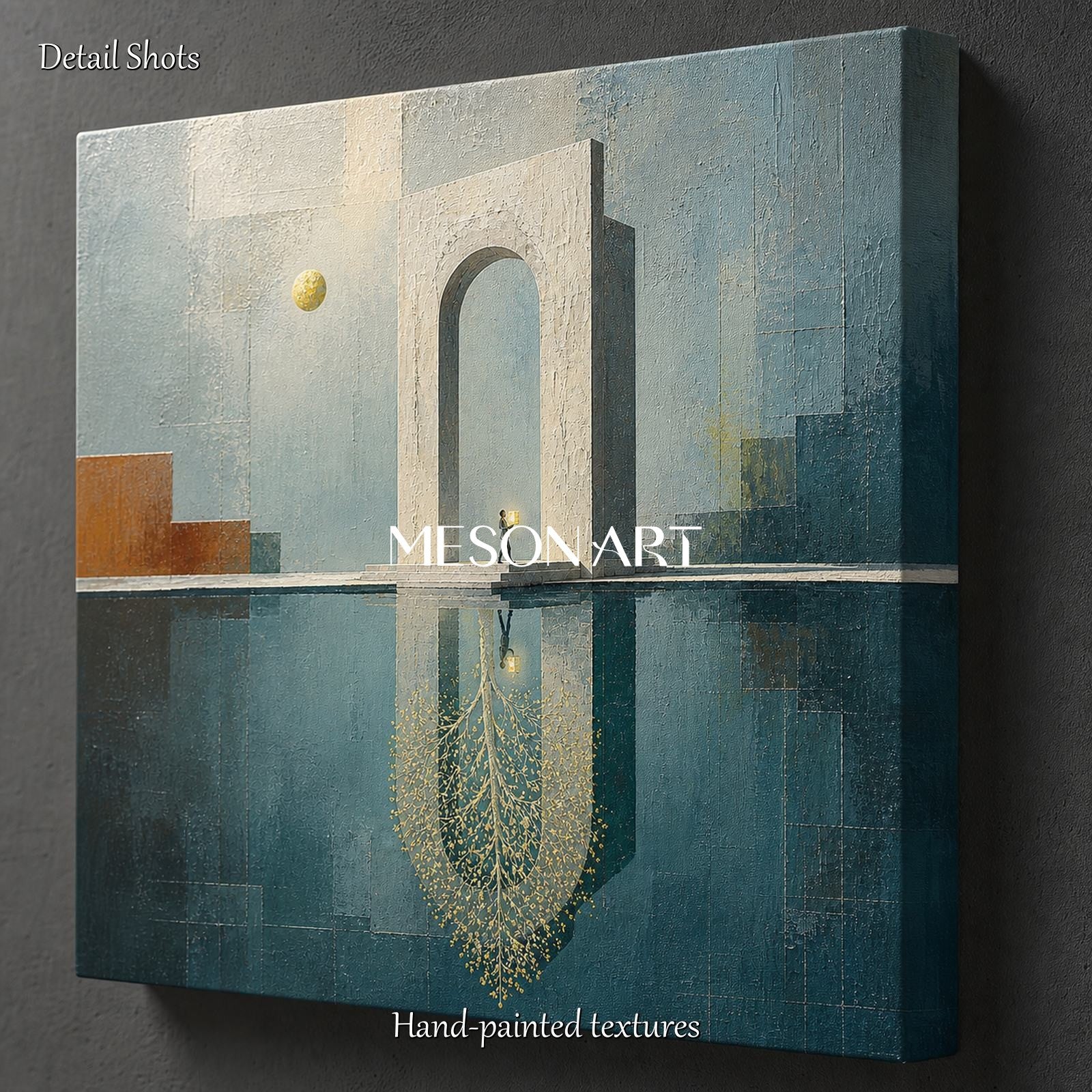 Surrealist Architecture Painting With Golden Accents For Art Deco Interior Design