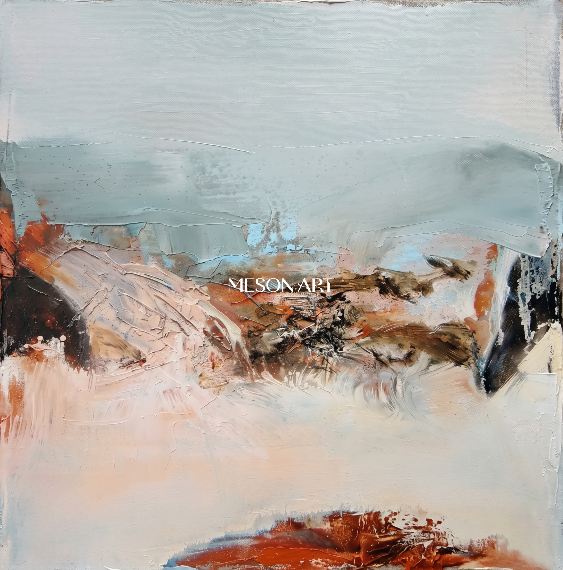 Blue And Beige Painting Modern Abstract Landscape Contemporary Art Square Wall Decor For Living Room By Mesonart