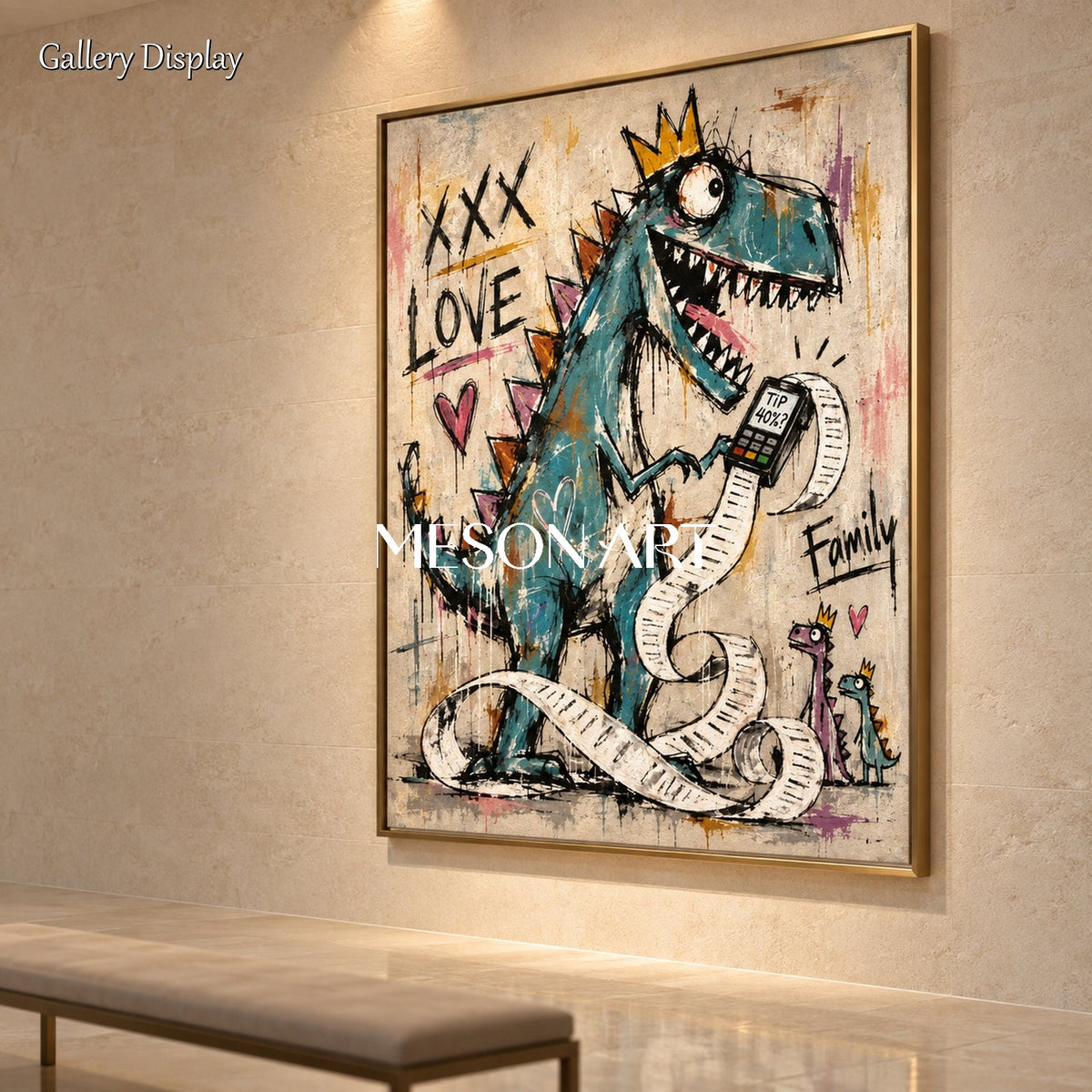 Blue And Gold Graffiti Dinosaur Wall Art Rectangular Original Artist Hand Painted By Mesonart
