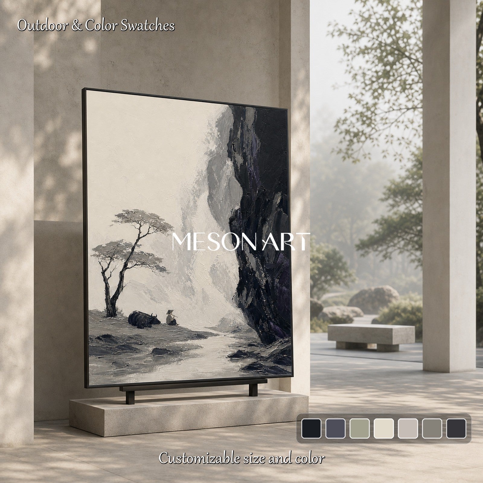 Black And White Landscape Painting With Rich Texture For Modern Home Decor