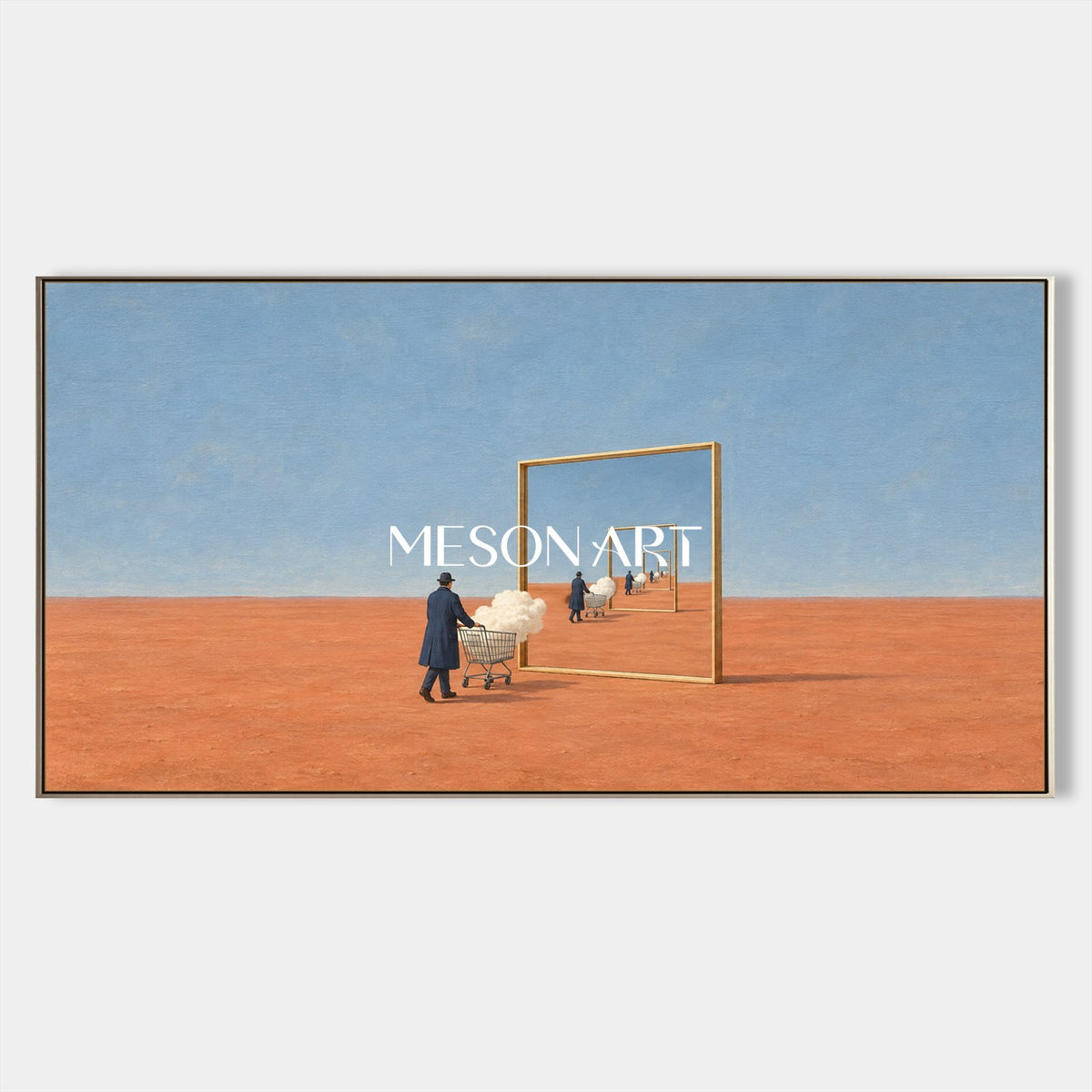 Dipinto astratto e surrealista su specchio nei toni del blu e del marrone – Grande opera d’arte panoramica da parete per il soggiorno, firmata Mesonart