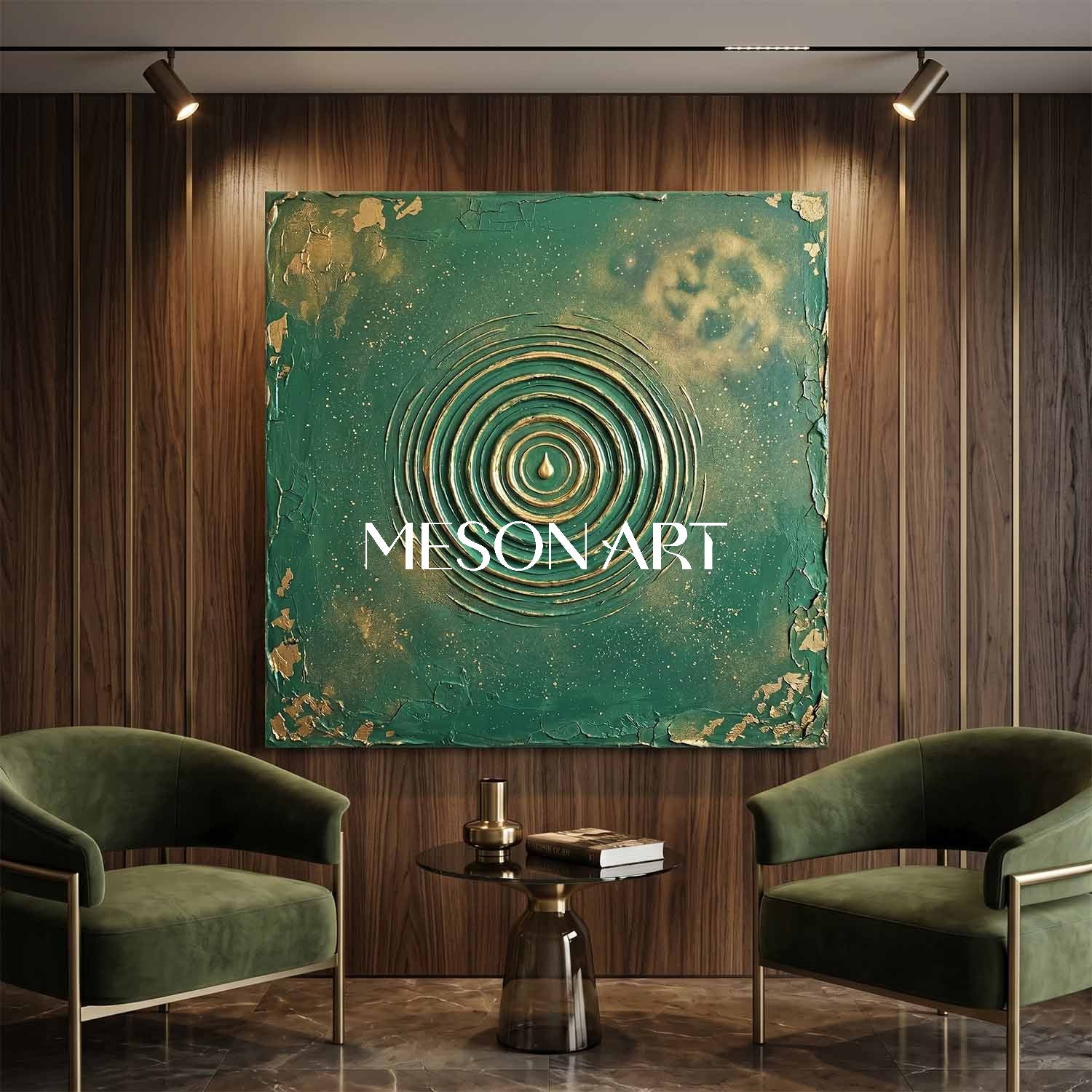 Emerald Green And Gold Abstract Art With Textured Relief For Art Deco Living Room Decor