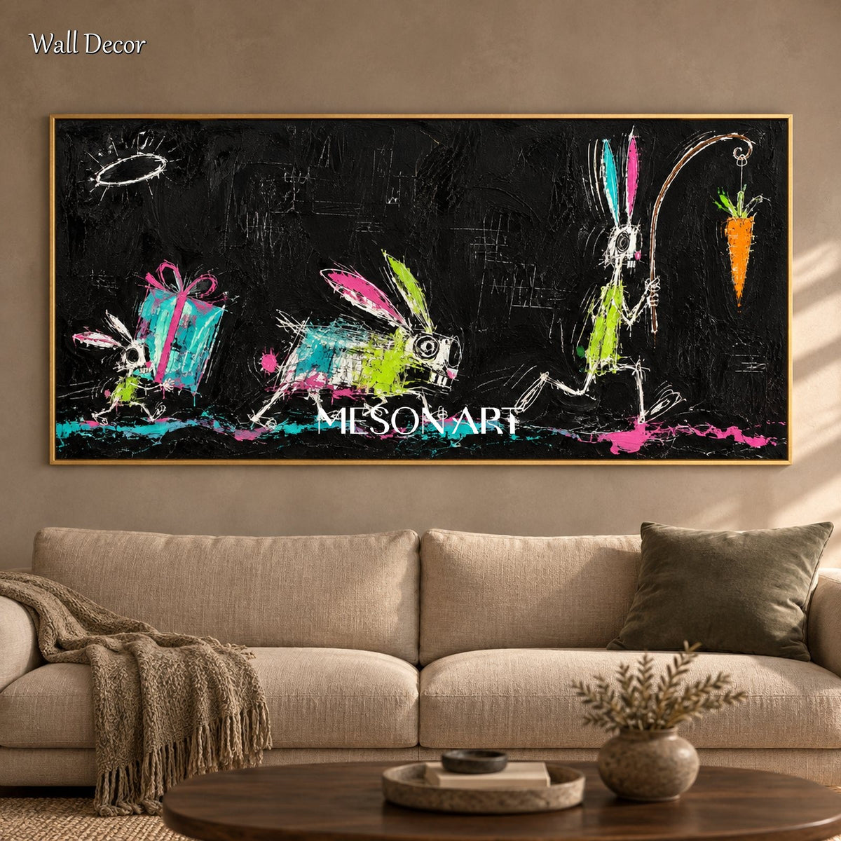 Black And Green Graffiti Abstract Painting Panoramic Wall Art For Living Room By Mesonart
