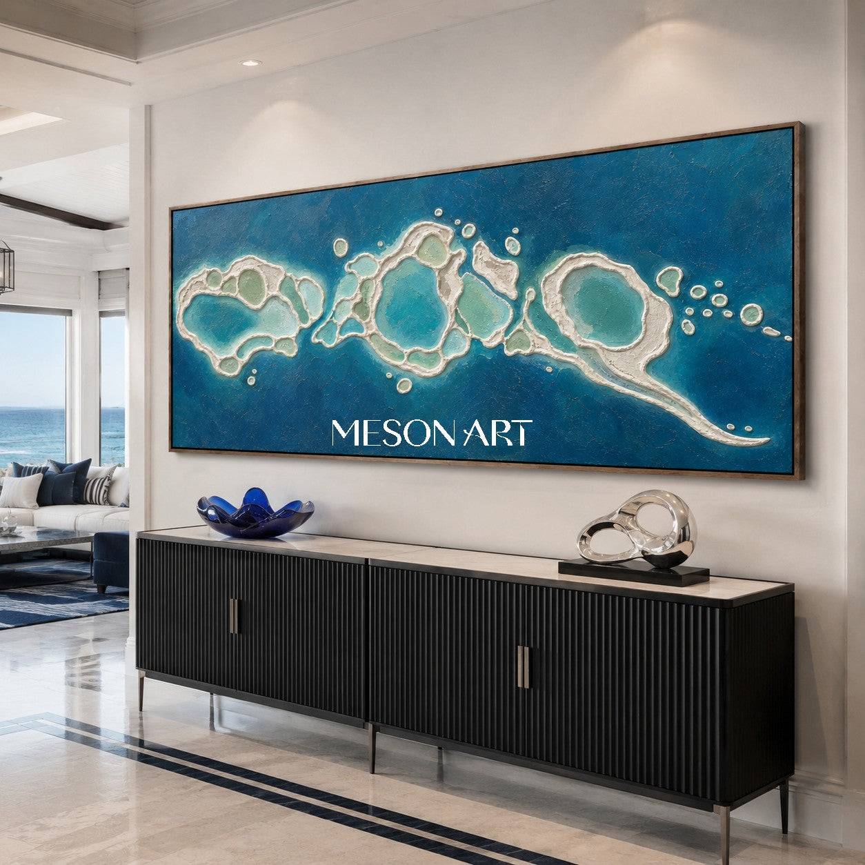 Luxury Abstract Ocean Wall Art With Turquoise Impasto Texture For Coastal Living Room