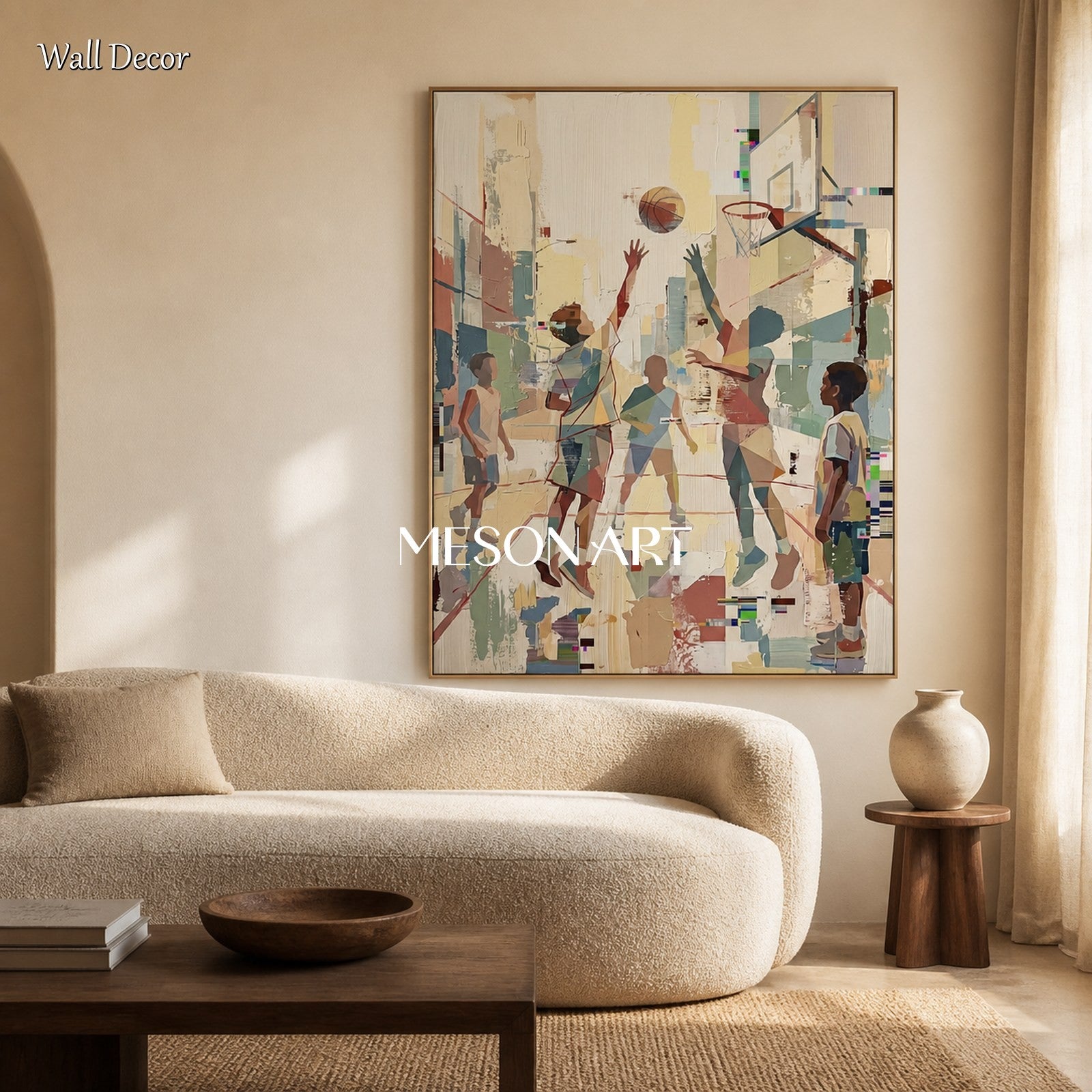 Beige Abstract Figurative Painting Contemporary Sports Art For Living Room Rectangular Wall Decor By Mesonart