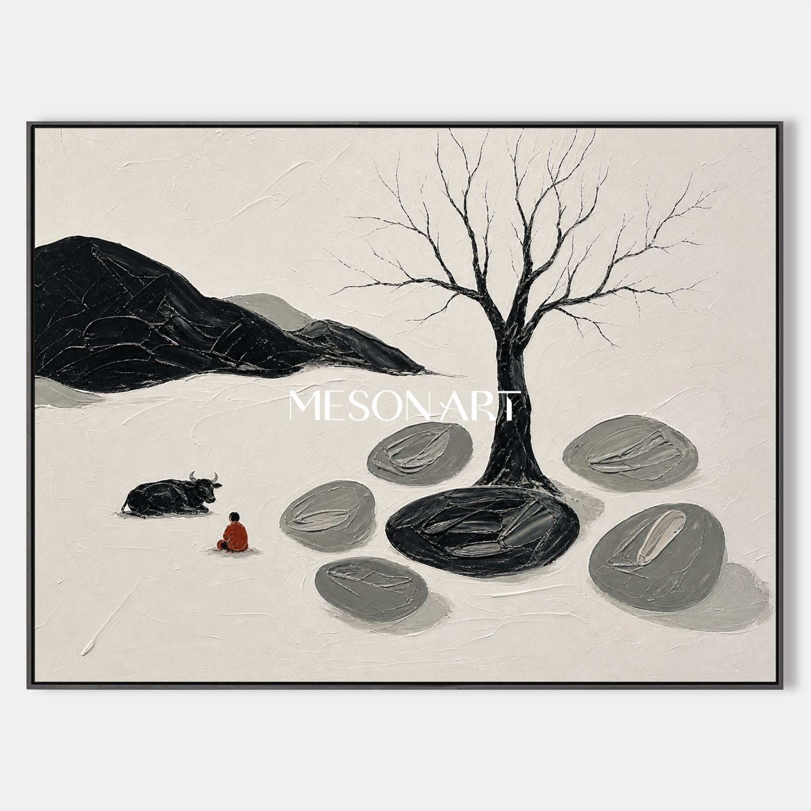 Minimalist Zen Art Painting With Tree And Figure For Modern Living Room Decor