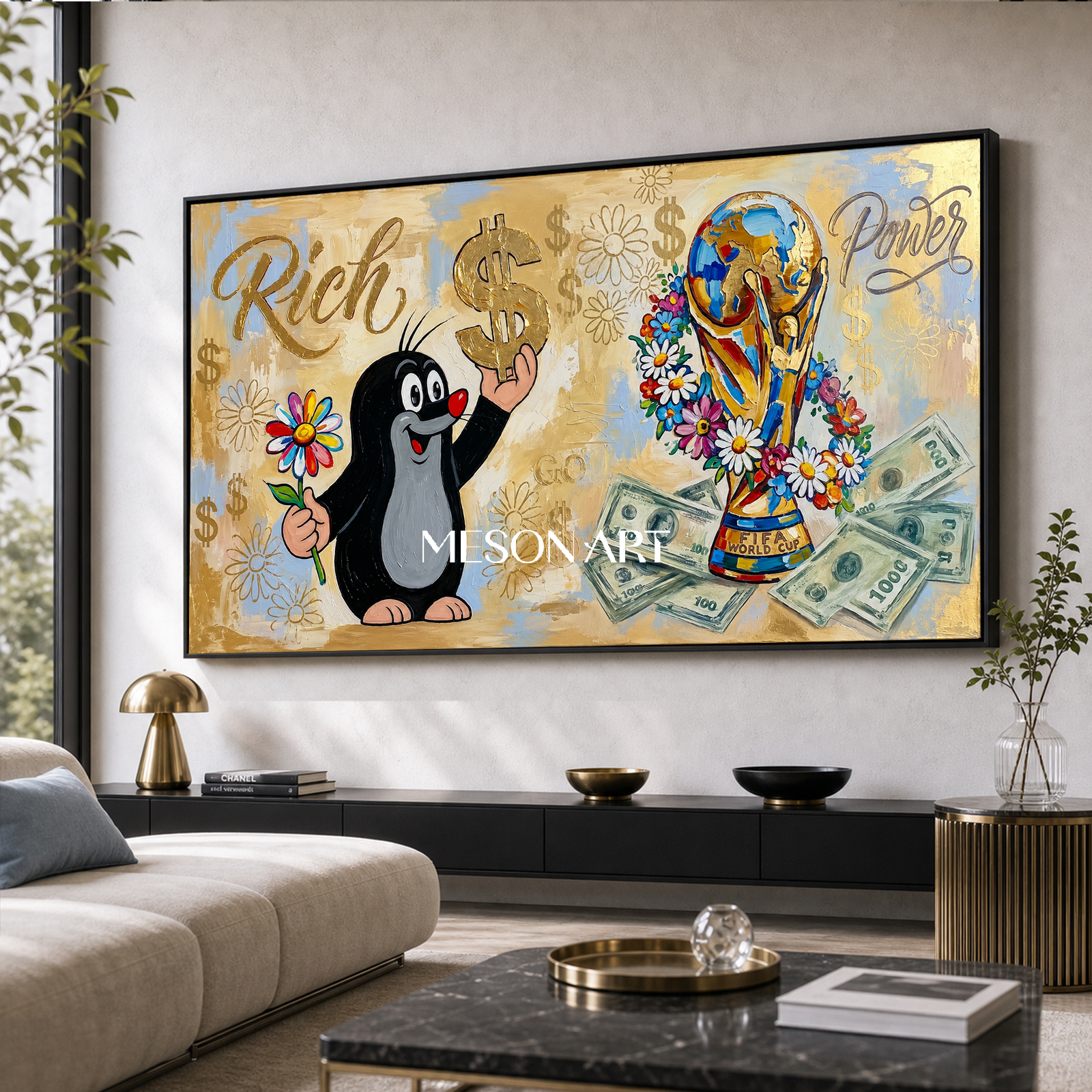 Luxury Gold Pop Art Painting With Cartoon Mole And Dollar Signs For Modern Living Room Decor