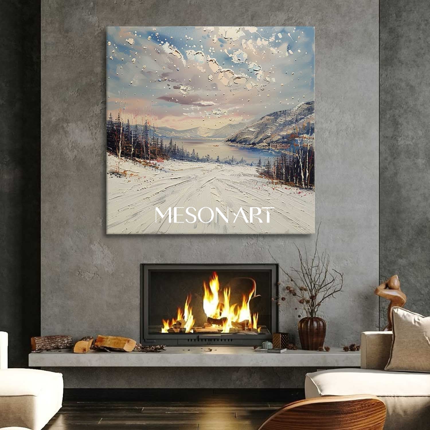 Hand-Painted Textured Winter Landscape Canvas Large Wall Art On Sale
