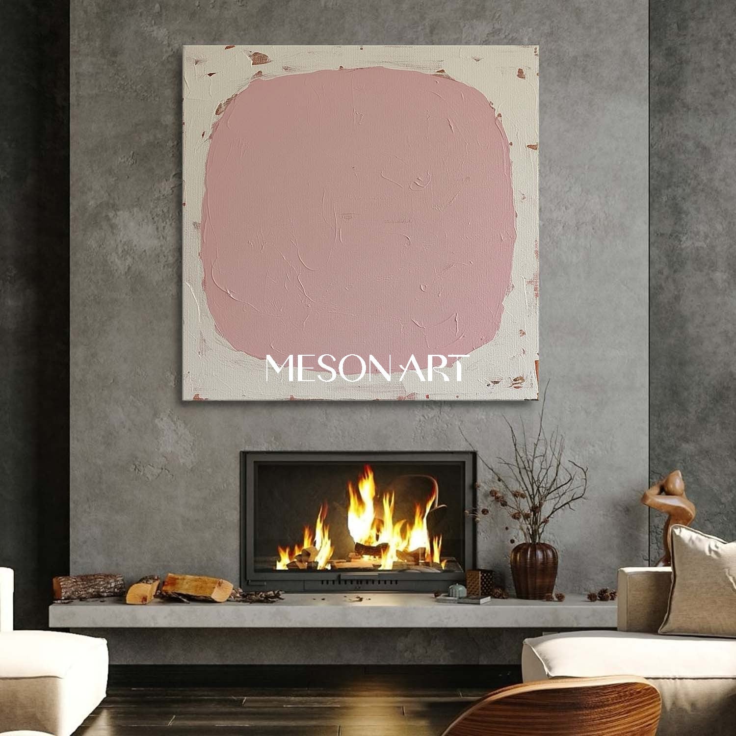 Pink Contemporary Minimalist Hand Painted Textured Canvas Living Room