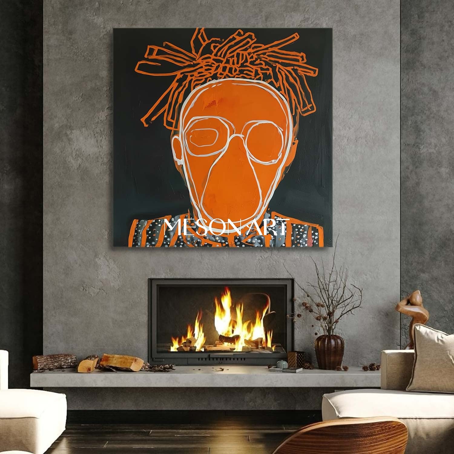 Modern Street Art Portrait Orange Textured Handmade Canvas Entryway